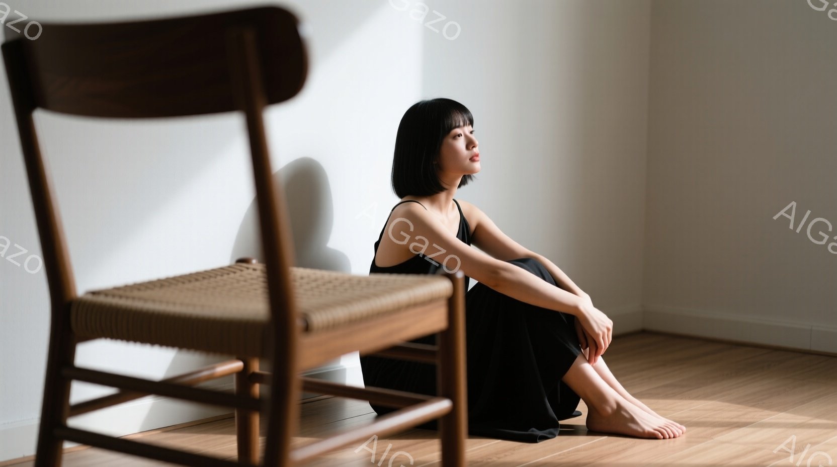 長い黒いドレスを着た女性が、木の椅子に寄りかかって座っている。彼女は足を組んでおり、少し憂いを帯びた表情で遠くを見つめている。背景は白い壁と木の床で、光が差し込み、静かで落ち着いた雰囲気を醸し出してい - AI生成フリー素材