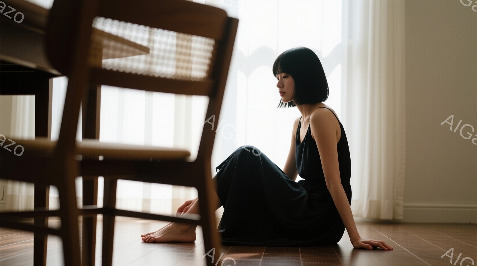 漆黒のワンピースを着た女性が、木の床に座り、少しうつむき加減で何かを考えているような表情をしている。背景には白く光を通すカーテンがあり、部屋全体が柔らかい光で満たされている。彼女の姿勢はリラックスして - AI生成フリー素材