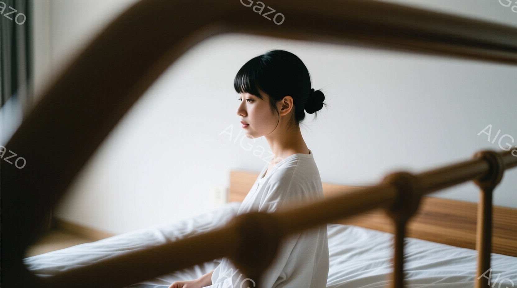 黒髪を後ろでまとめた女性が、白いシャツを着てベッドに座っている。彼女は横を向き、やや憂いを帯びた表情で遠くを見つめている。背景には木製のベッドフレームと白いシーツが広がり、全体的に落ち着いた、内省的な雰囲気が漂っている。
