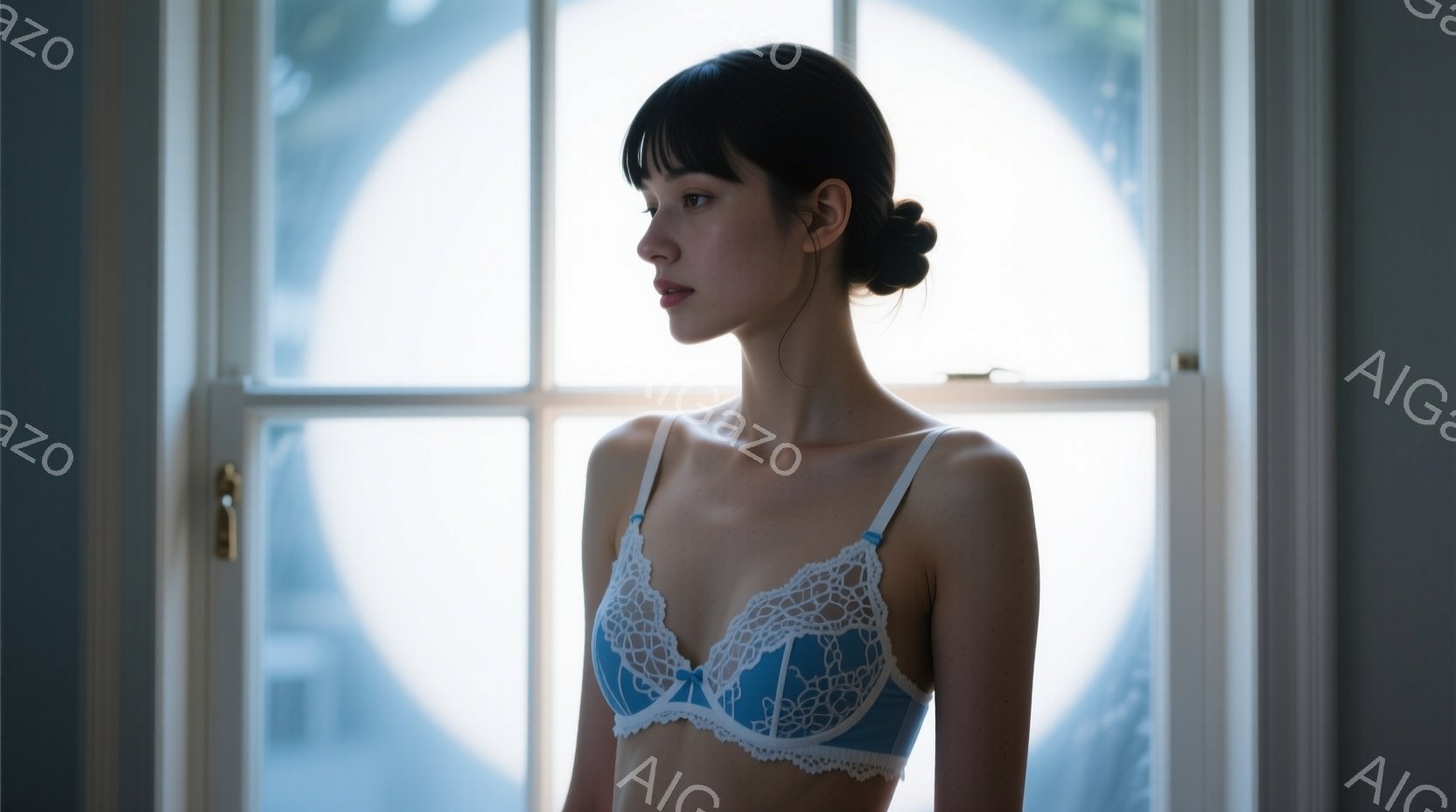 黒髪を後ろで纏めた女性が、青いレースのブラレットを着用して、窓辺に佇んでいます。彼女は横顔で、どこか憂いを帯びた表情を浮かべています。背景には格子状の窓枠と、ぼやけた光が差し込む屋外が見え、全体的に静かで内省的な雰囲気を醸し出しています。