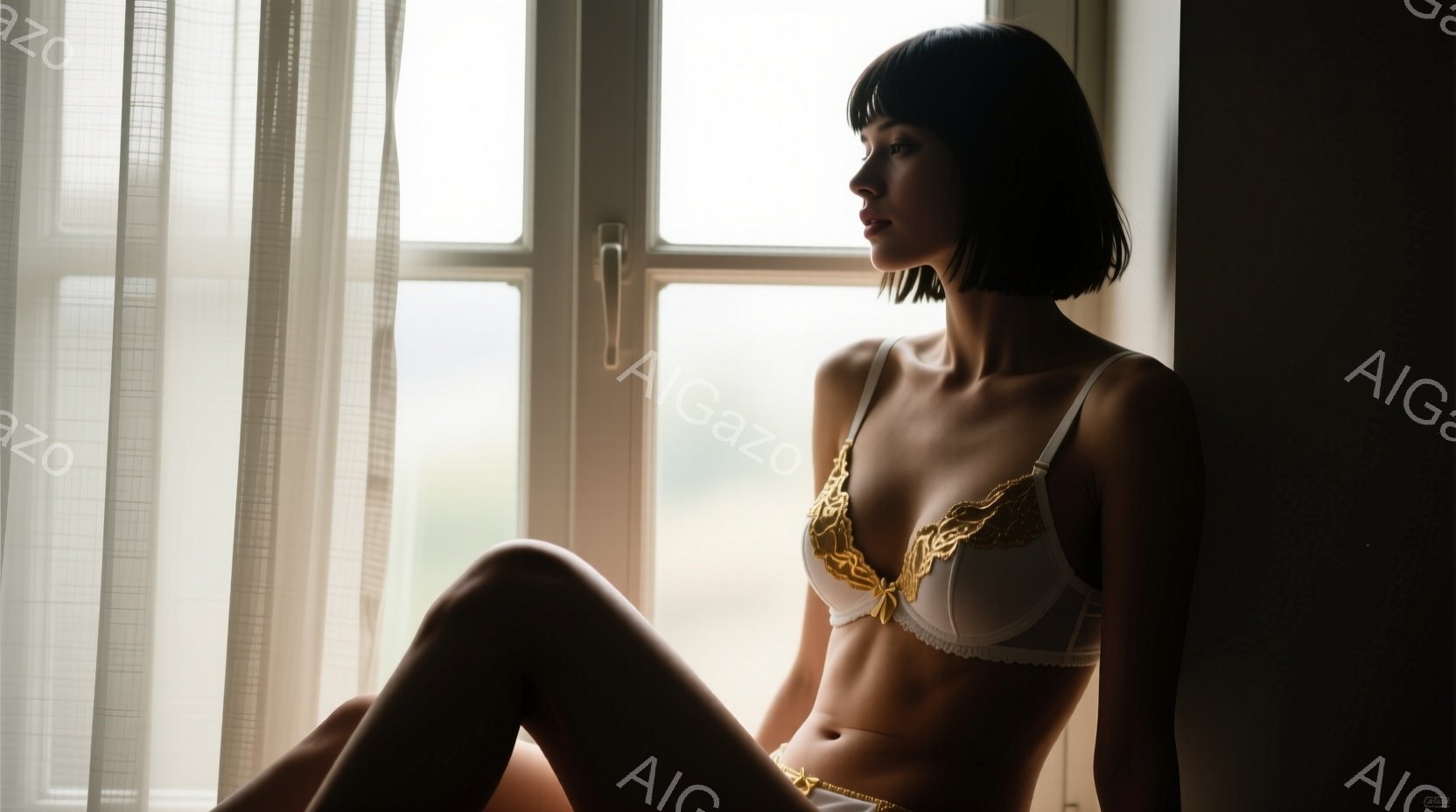 短い黒髪の女性が、白いブラジャーとショーツ姿で壁に寄りかかって座っています。彼女は横を向き、憂いのある表情で遠くを見つめており、膝を曲げて少し体を丸めています。背景には白いカーテンと窓枠が見え、柔らか - AI生成フリー素材