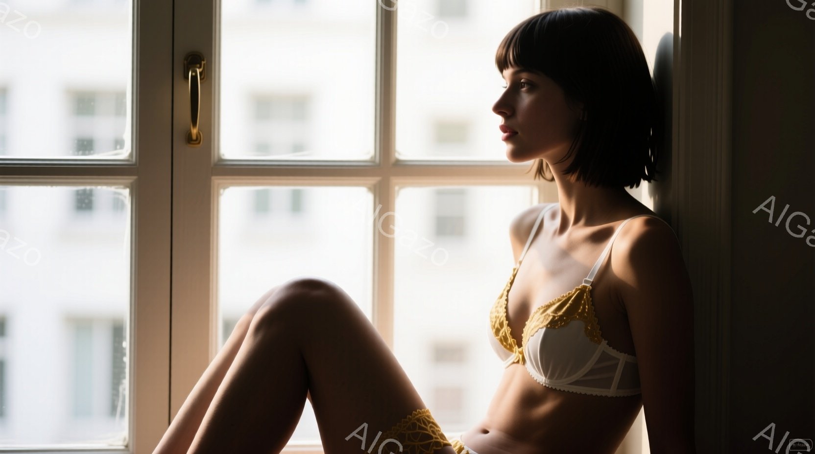 金髪の女性が窓際に座り、白いレースのブラジャーと短いショーツを身に着けています。彼女は膝を曲げ、少し横向きになり、憂いを帯びた表情で遠くを見つめています。背景には建物のシルエットが見え、光が差し込むことで、全体的に物憂げで静謐な雰囲気が漂っています。