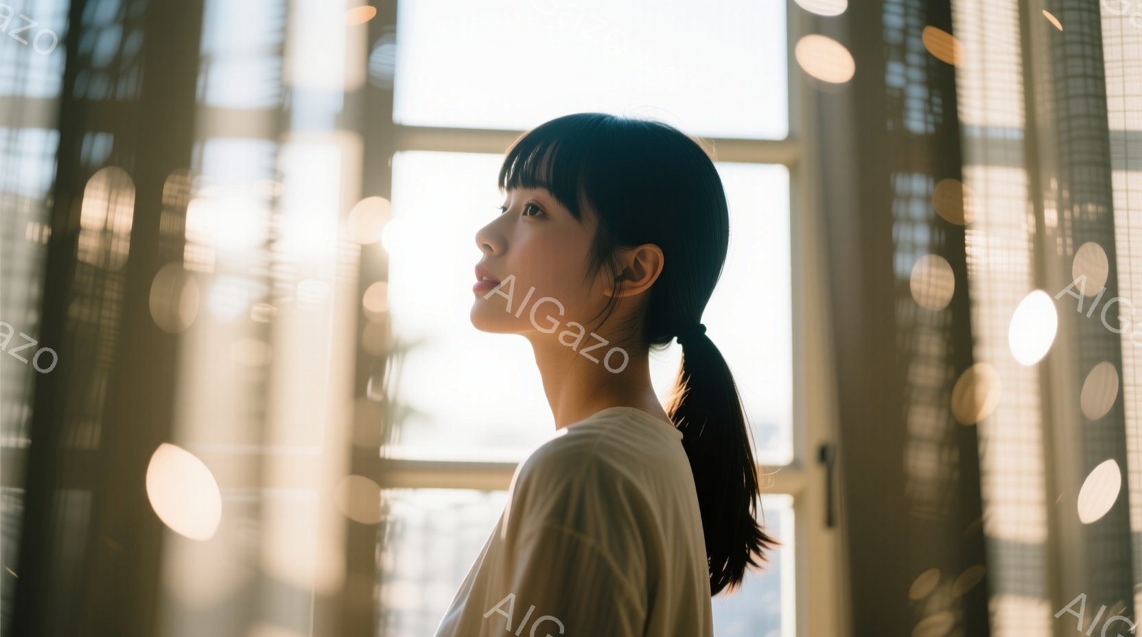 明るい背景を背景に、後ろ姿の女性が写っている。彼女はベージュ色のシンプルなトップスを着ており、髪は後ろで一つに結ばれている。彼女は少し上を見ているようで、穏やかで内省的な雰囲気を醸し出している。