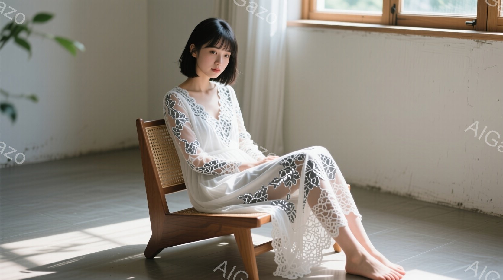 白いレースのロングドレスを着た女性が、木の椅子に座っています。彼女は足を組んでおり、表情は穏やかでどこか物憂げです。背景は明るい室内で、窓から差し込む光が床に影を作っています。 - AI生成フリー素材
