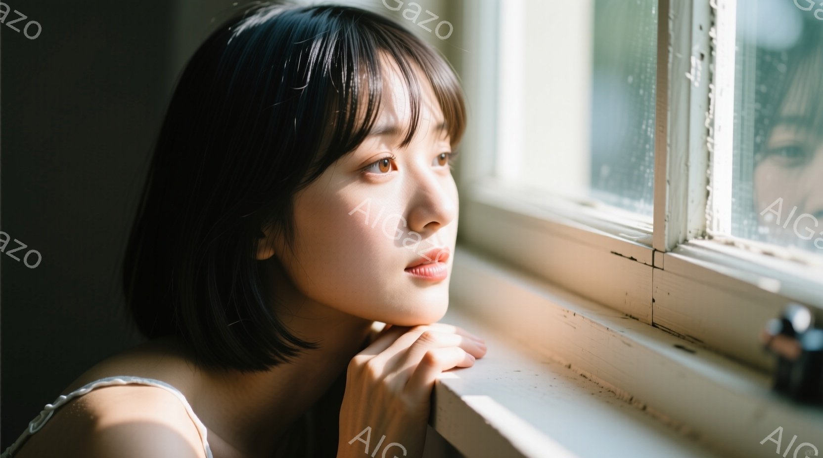 短い黒髪の女性が窓枠に肘をついて外を見つめています。白いストラップのトップスを着ており、穏やかで物憂げな表情をしています。窓枠は白く、背景はぼやけていますが、明るい自然光が差し込んでおり、全体的に静か - AI生成フリー素材