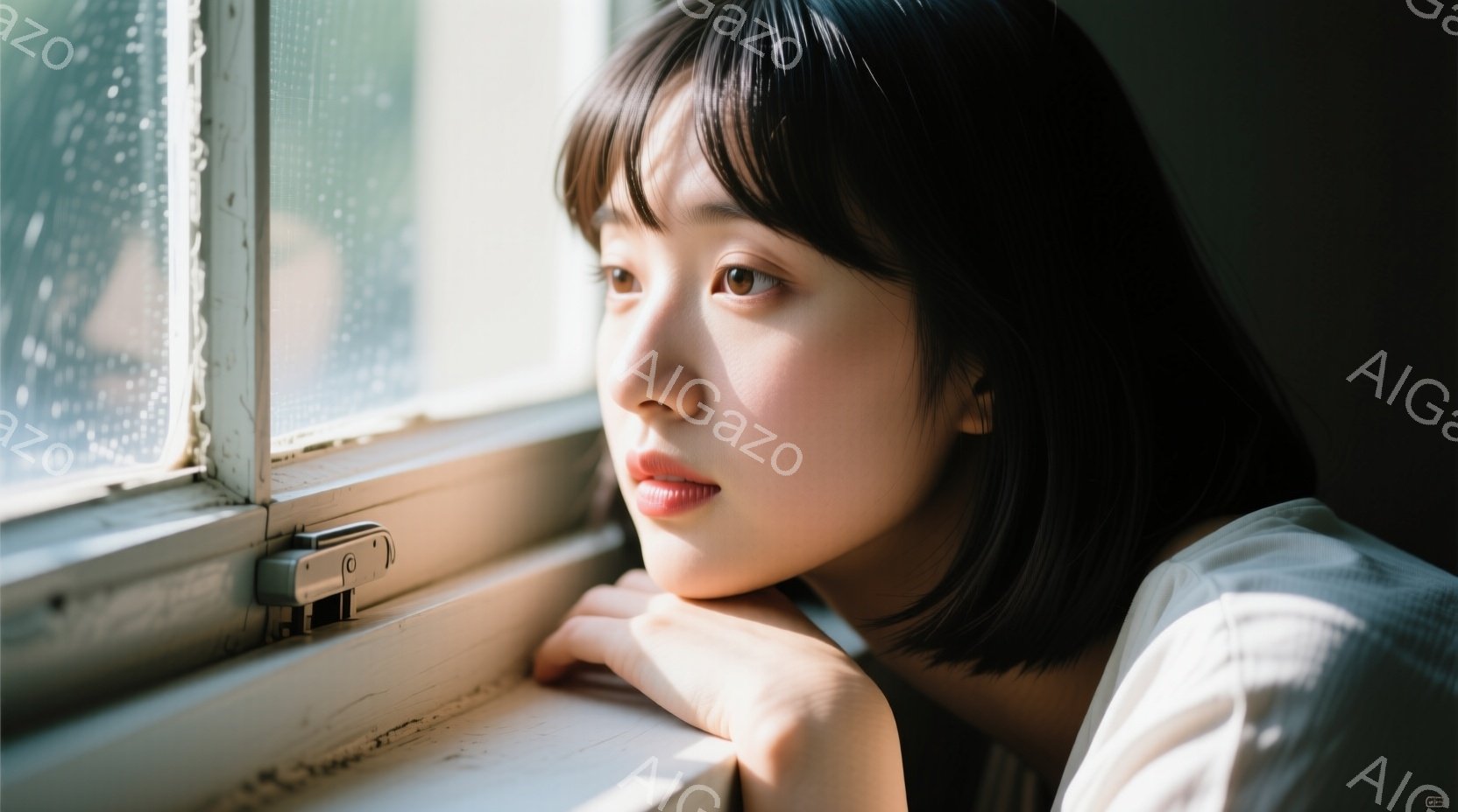 短い黒髪の女性が窓枠にもたれて外を眺めている。彼女は薄いピンク色のリップと控えめな微笑みを浮かべており、落ち着いた雰囲気を醸し出している。窓枠は古びており、光が差し込むことで、どこか懐かしい雰囲気が漂っている。