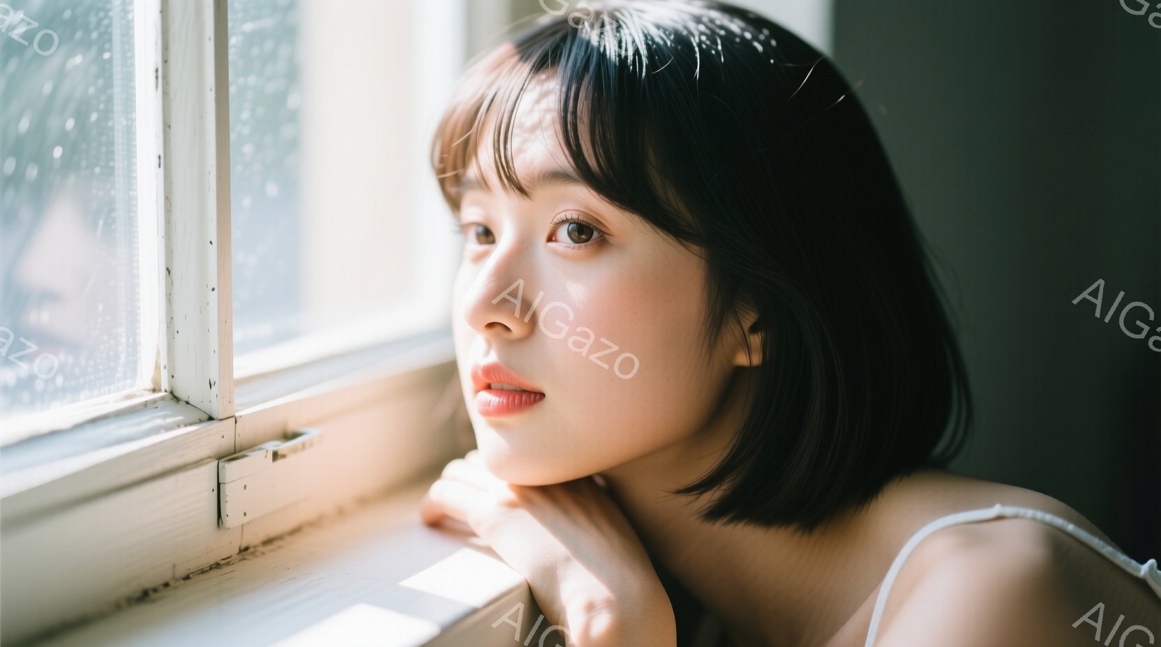 短い黒髪の女性が窓辺に寄りかかって外を見つめている。白いストラップのトップスを着ており、憂いを帯びた表情でどこか遠くを見つめている。窓枠は古びており、外は雨が降っている様子がうかがえる、静かで物憂げな雰囲気の画像である。