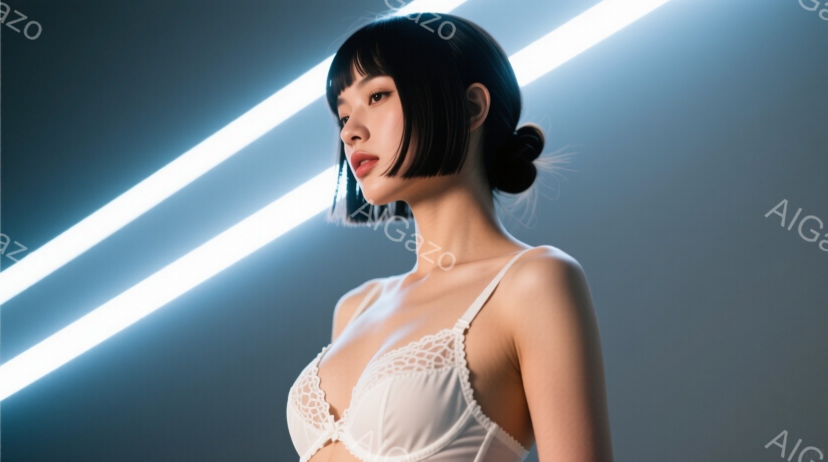 ダークヘアの女性が、白いレースのブラレットを身につけ、少し上目遣いをしてカメラを見つめている。髪は短くカットされ、前髪は眉毛にかかる程度で、全体的に洗練された印象を与えている。背景は青みがかった色調で、太い白い光の線が斜めに走っており、近未来的な雰囲気を醸し出している。