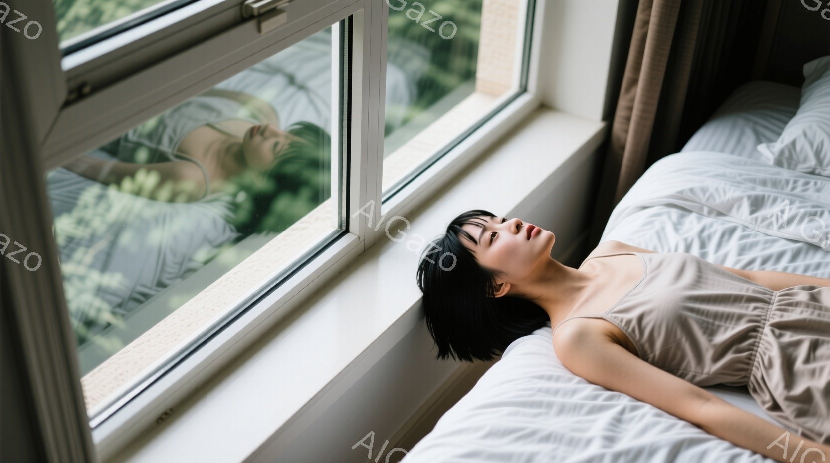 黒髪の女性がベッドに横たわり、薄いベージュ色のキャミソールを着ています。彼女は目を閉じ、リラックスした表情で、窓から差し込む光が彼女の横顔を照らしています。背景には緑豊かな木々が見え、晴れた日の穏やか - AI生成フリー素材