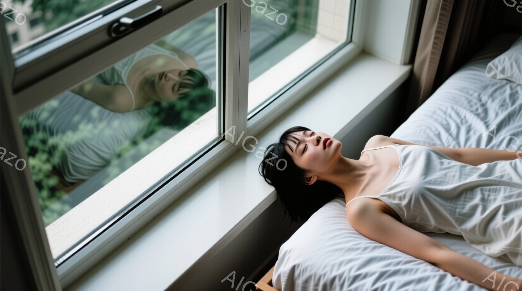 黒髪の女性が白いキャミソールを着て、白いベッドの上で横たわっています。彼女は目を閉じており、リラックスした表情をしています。背景には窓があり、緑豊かな植物が見え、晴れた日の穏やかな雰囲気が漂っています。