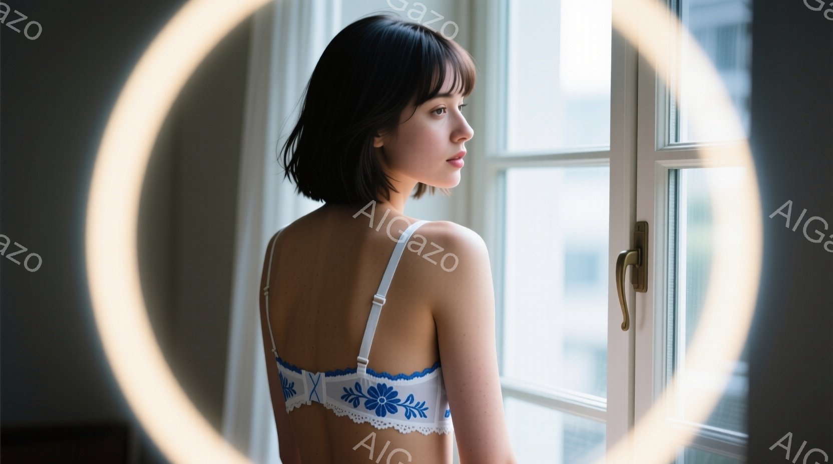 この画像は、背中を窓に向けて立つ女性を捉えています。彼女は肩出しの白いトップスと、花柄の刺繍が施された水色のブラレットを身に着け、ダークブラウンのショートボブヘアです。窓の外にはぼんやりと建物が見え、全体的に柔らかく、穏やかな雰囲気が漂っています。