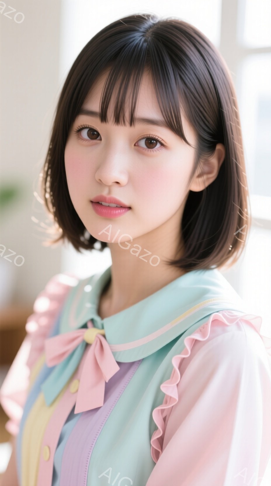 この女性は、パステルカラーの可愛らしいワンピースを着ており、ピンクのリボンがアクセントになっています。彼女は肩までの長さの黒髪で、わずかに微笑んでおり、柔らかく優しい印象を与えます。背景はぼやけていま - AI生成フリー素材