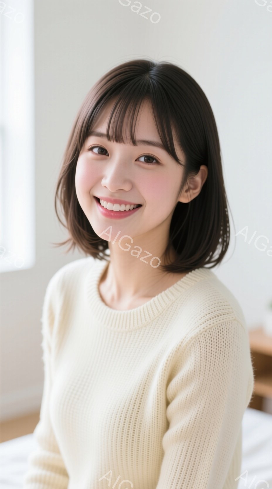 明るい茶髪のショートボブヘアの女性が、クリーム色のざっくりとしたニットセーターを着ています。彼女は微笑んでおり、リラックスした雰囲気でベッドに座っています。背景はぼやけていますが、室内で自然光が入って - AI生成フリー素材