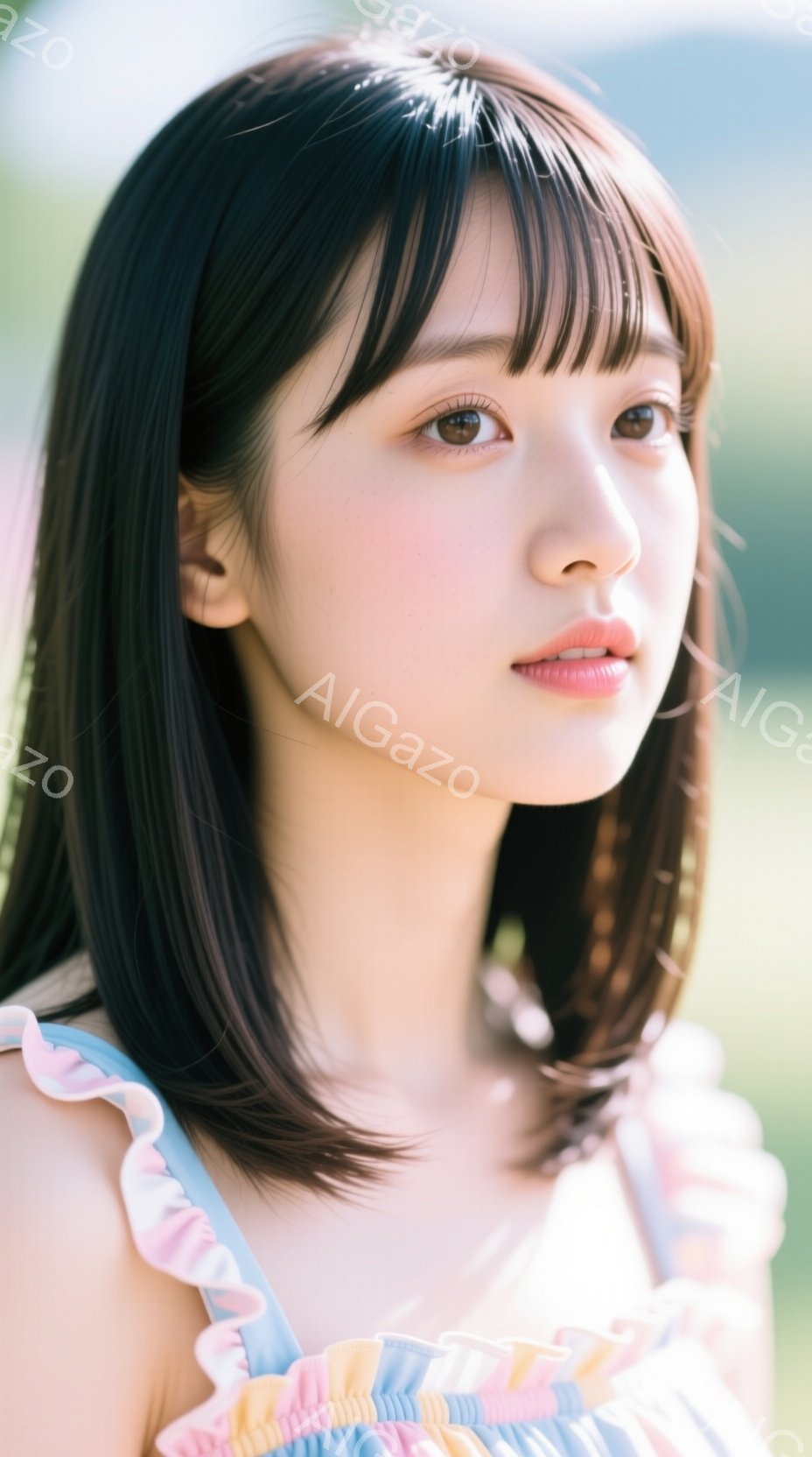 黒髪のボブヘアの女性が写っています。パステルカラーのフリルが特徴的なトップスを着ており、少し微笑んだ表情をしています。背景は緑豊かな自然で、柔らかい光が全体を包み込み、穏やかで優しい雰囲気を作り出して - AI生成フリー素材