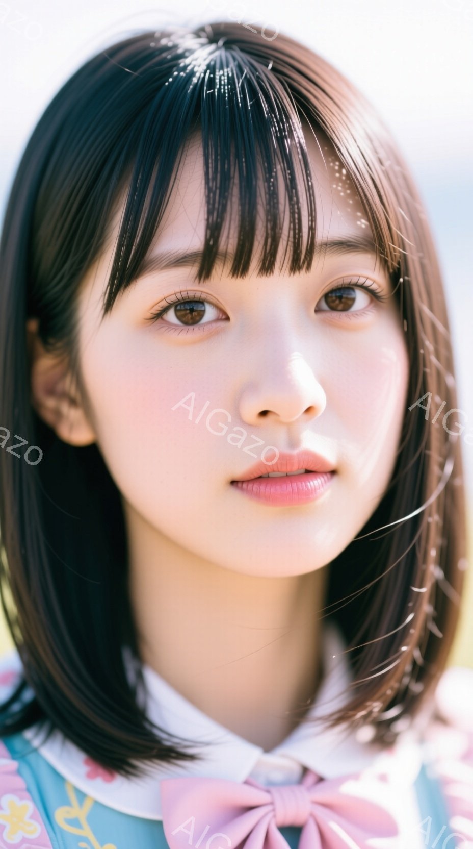 黒髪のショートボブヘアの女性が、ピンク色のリボンが特徴の水色のワンピースを着ています。彼女は正面を見据え、穏やかで微笑ましい表情を浮かべています。背景はぼやけており、光が柔らかく差し込む春の日のような - AI生成フリー素材