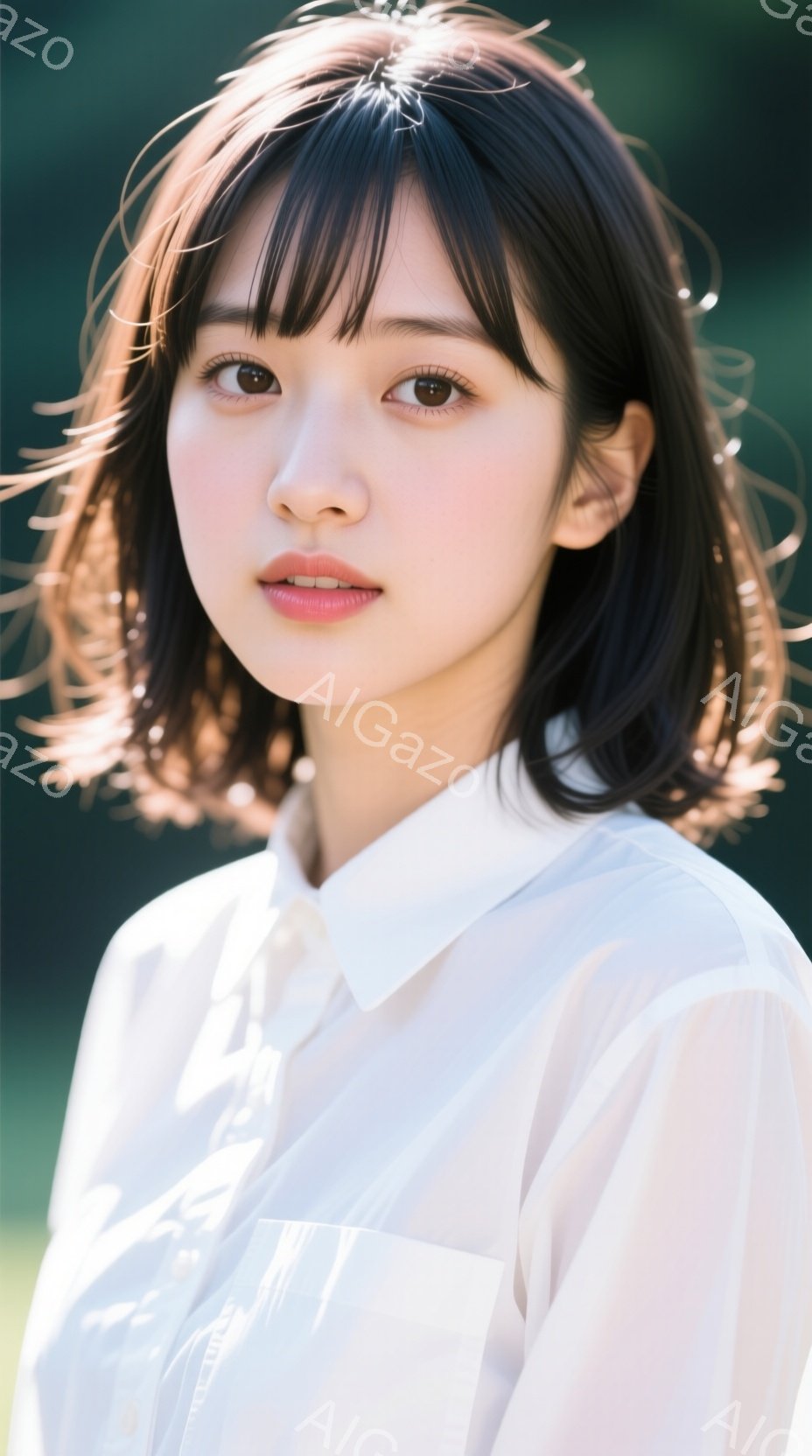 若い女性が、白いシャツを着て、軽く微笑んでいる。彼女は黒いショートヘアで、前髪が少し流れている。背景は緑豊かな自然で、光が彼女の髪を照らし、柔らかく暖かい雰囲気を醸し出している。 - AI生成フリー素材