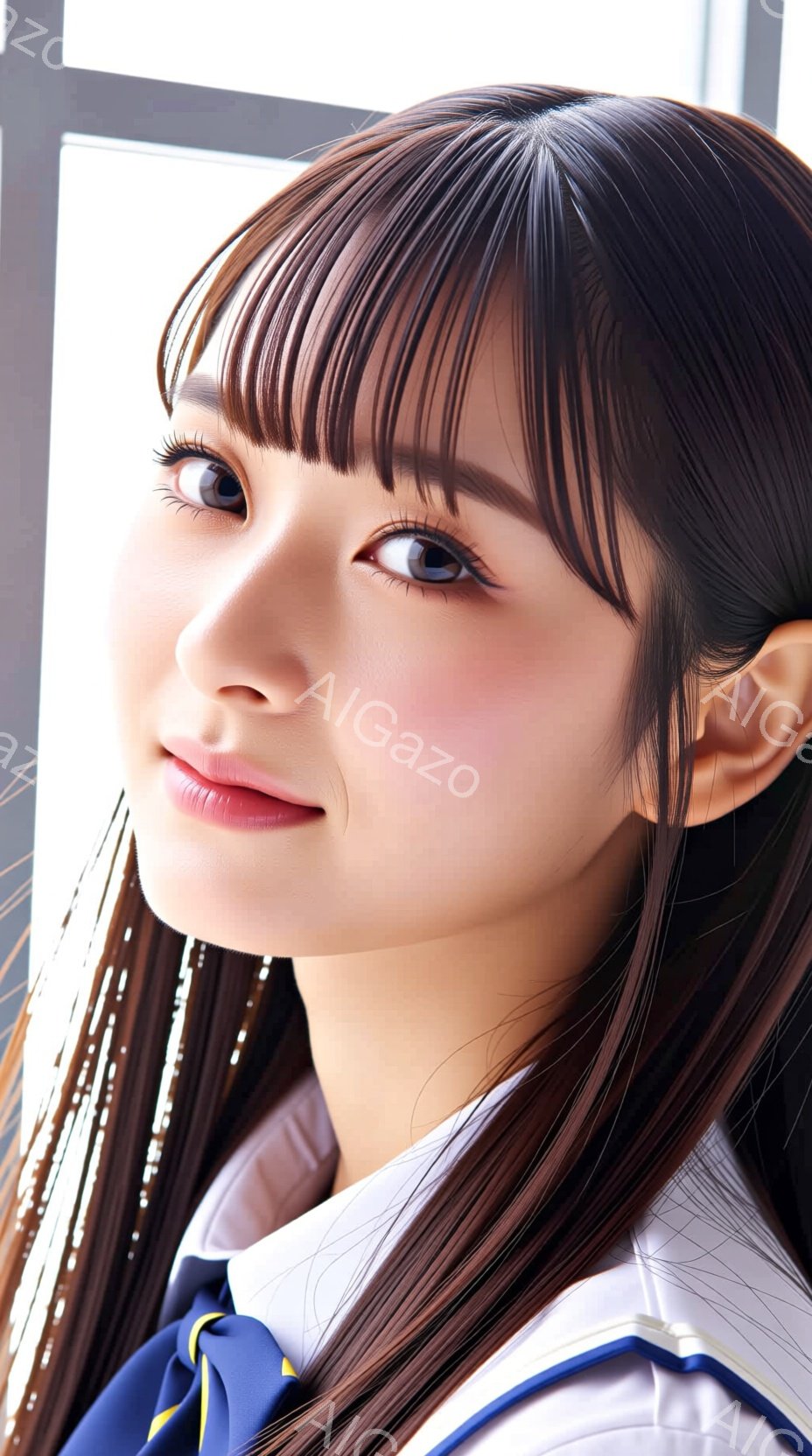 画像は、制服を着た若い女性のクローズアップです。彼女は黒髪で、前髪は眉毛のあたりでカットされています。彼女は少し微笑んでおり、大きな瞳が印象的で、どこか見つめるような表情をしています。 - AI生成フリー素材