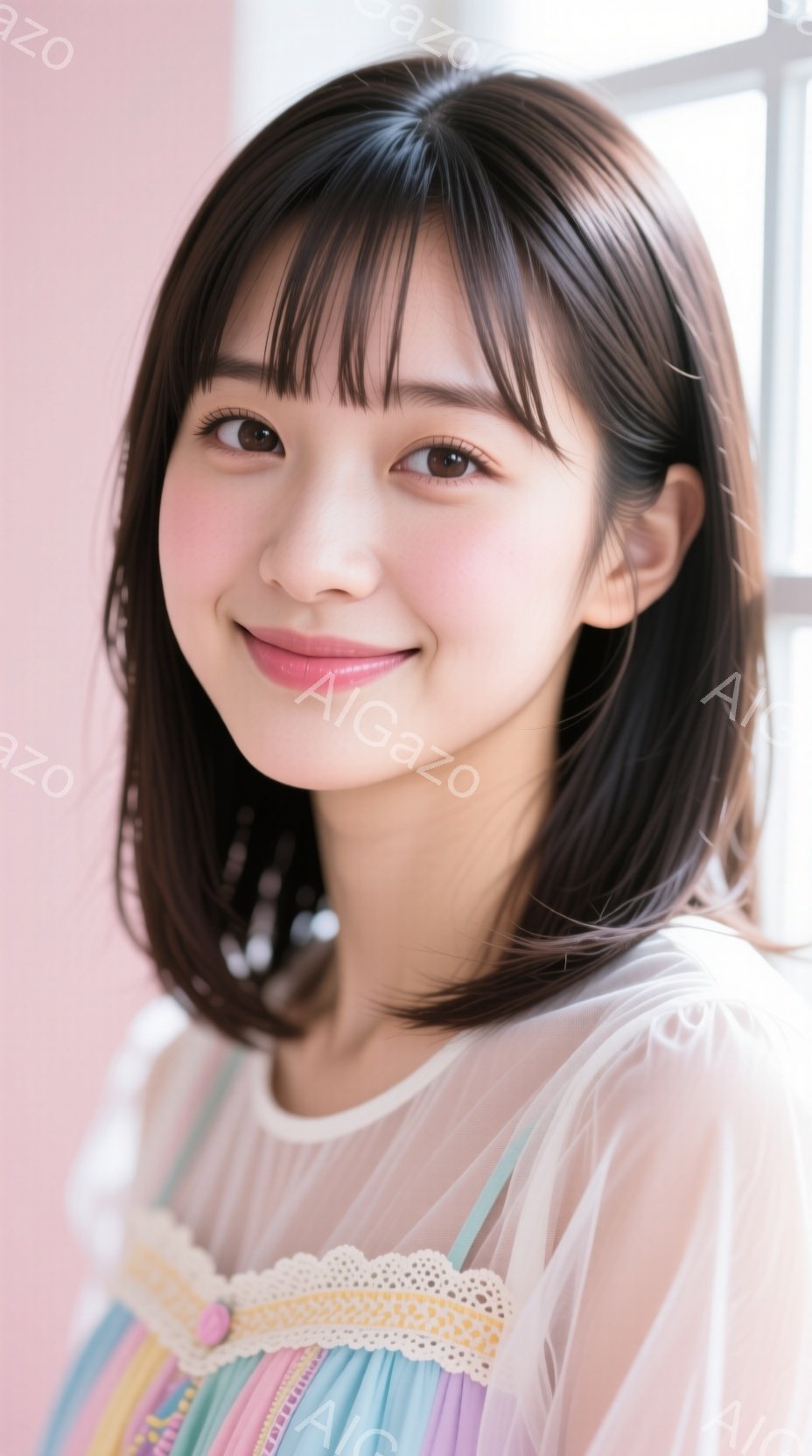 画像は、肩までの長さの黒髪で、前髪が少しふさふさしている若い女性を捉えています。彼女は、パステルカラーのストライプとレースのトリミングが施された白いブラウスを着ており、顔は微笑んでいて、明るく親しみや - AI生成フリー素材