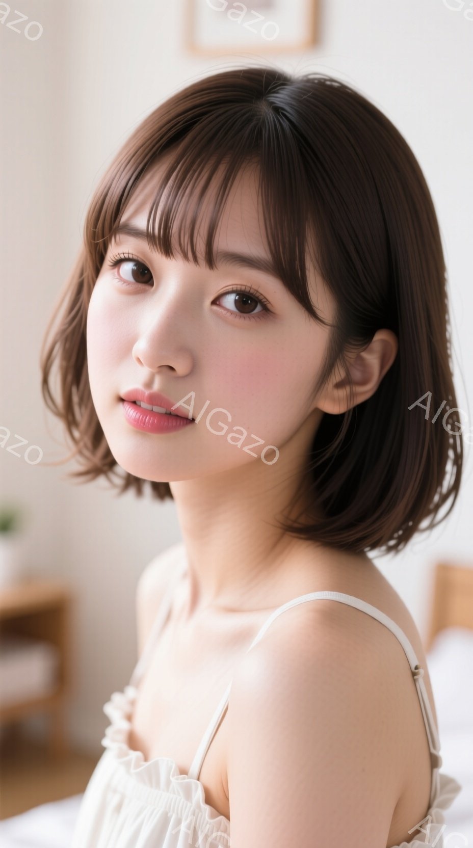 画像は、肩出しの白いキャミソールを着た若い女性を捉えています。彼女は明るい茶色のショートボブヘアで、少し微笑んでいます。背景には、木製のナイトスタンドとベッドの様子が見え、全体的に柔らかく、温かい雰囲 - AI生成フリー素材