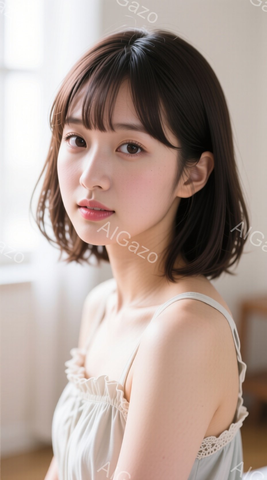 この女性は肩出しの淡い緑色のワンピースを着ており、肩とデコルテが少し覗いています。彼女はダークブラウンの短いレイヤーカットの髪型で、穏やかな微笑みを浮かべています。背景はぼかされており、明るい木製の床と白い壁が見えますが、全体的に柔らかく、穏やかな雰囲気です。