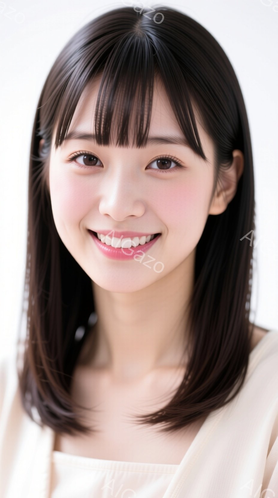 画像は、肩までの長さの黒髪で、前髪が眉毛にかかる女性のポートレートです。彼女はオフホワイトのトップスを着ており、明るい笑顔でカメラを見つめています。背景は白で、全体的に清潔感があり、親しみやすい雰囲気 - AI生成フリー素材