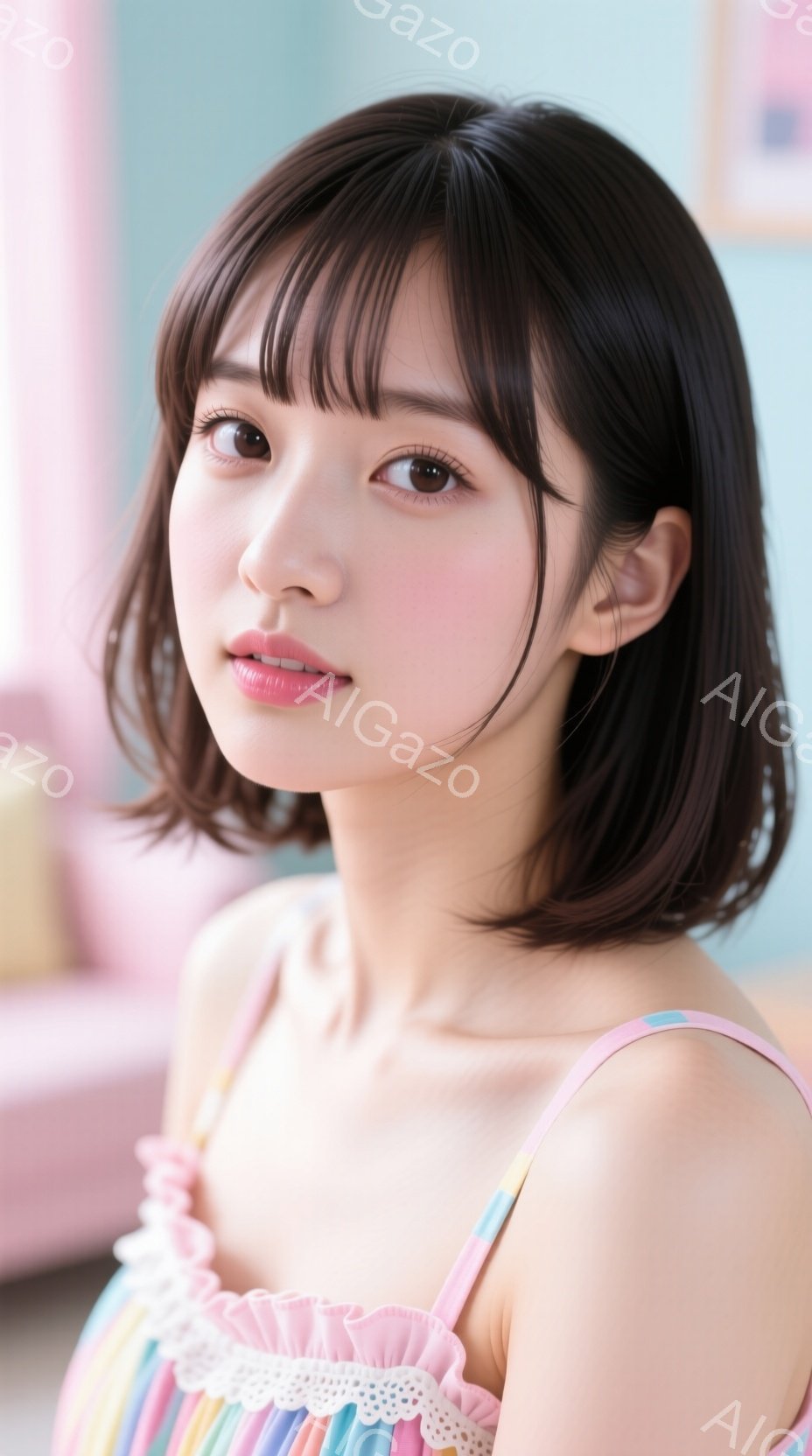 短い黒髪の女性が写っており、前髪は眉毛にかかるように切り揃えられています。彼女は虹色のキャミソールワンピースを着ており、顔はわずかに傾き、優しく微笑んでいます。背景はぼやけていますが、ピンク色のソファと装飾が見え、全体的に柔らかく温かい雰囲気です。
