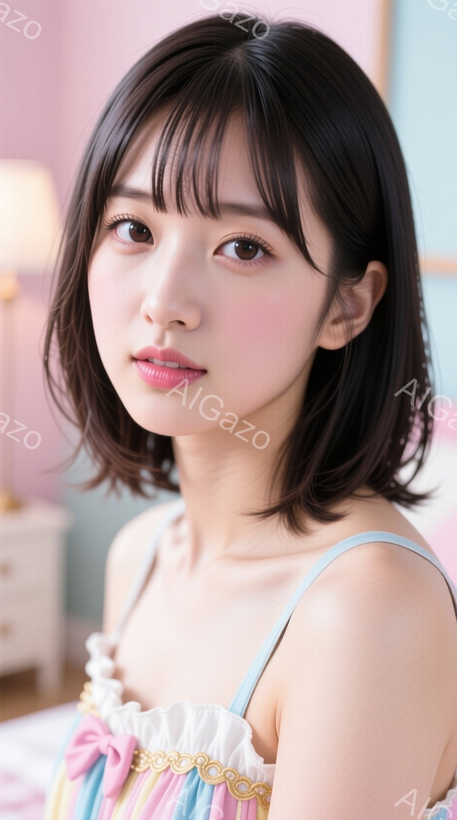 この女性は、肩出しのパステルカラーのフリル付きワンピースを着ており、黒髪のショートヘアで、少し微笑んだ表情をしています。彼女はベッドに座り、リラックスした姿勢でカメラを見ています。背景はピンク色の壁と - AI生成フリー素材