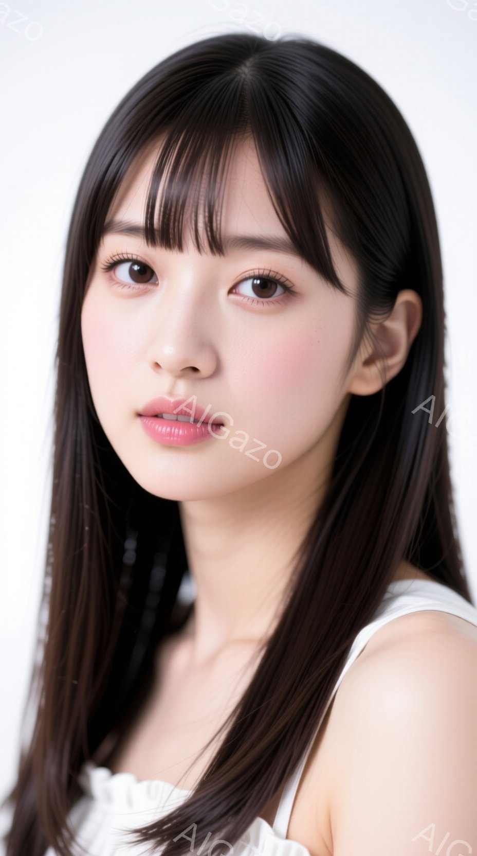 長い黒髪にふんわりとした前髪が特徴的な女性のポートレートです。白い肩出しのトップスを身につけ、顔には薄いピンクのチークが施され、少し微笑んでいるように見えます。背景は白く、人物が際立っており、全体的に柔らかく、明るい雰囲気が漂っています。