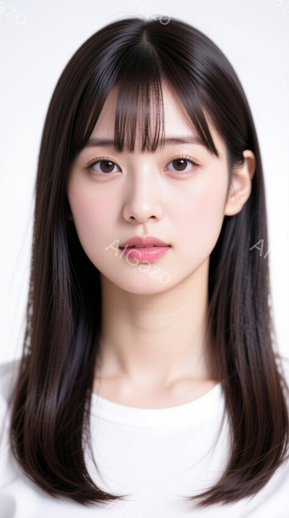 長い黒髪で、前髪は眉毛にかかるように切り揃えられています。白いシンプルなトップスを着ており、表情は穏やかで、視線は正面に向けられています。背景は白一色で、人物が際立っており、全体的に清潔感のある雰囲気です。
