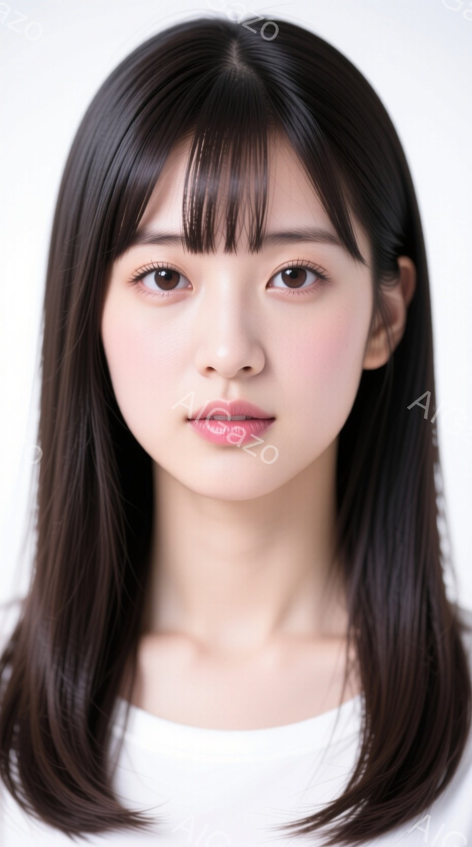 長い黒髪で前髪ぱっつんの女性が写っています。白いシンプルなトップスを着ており、表情は穏やかで、正面をまっすぐ見ています。背景は白く、人物が際立っており、全体的に清潔感のあるポートレートです。 - AI生成フリー素材