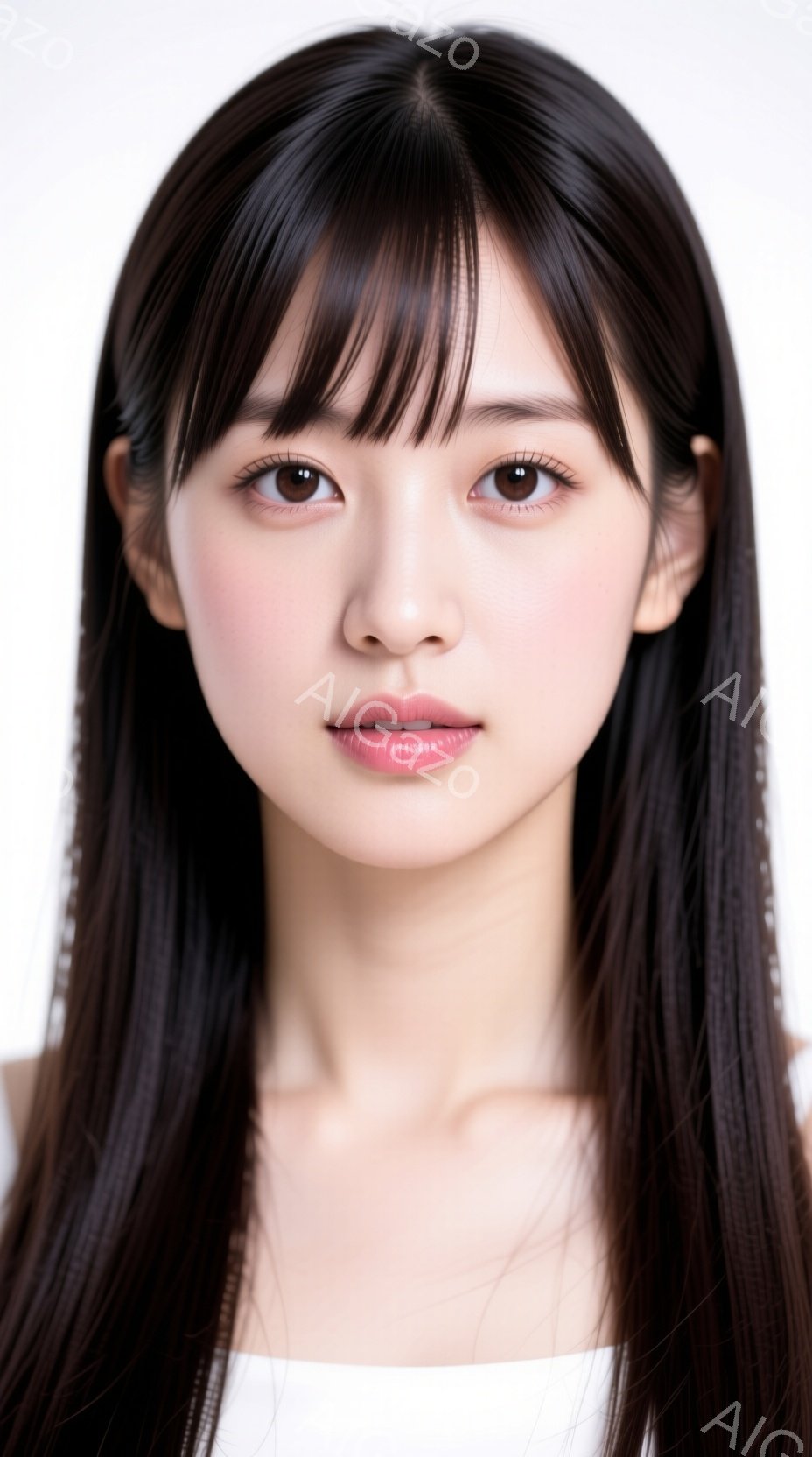 長い黒髪を肩から下で伸ばした若い女性が、正面をまっすぐ見ています。彼女はオフホワイトのシンプルなトップスを着ており、表情は穏やかで少し微笑んでいるようです。背景は白く、人物が際立っており、全体的に柔ら - AI生成フリー素材