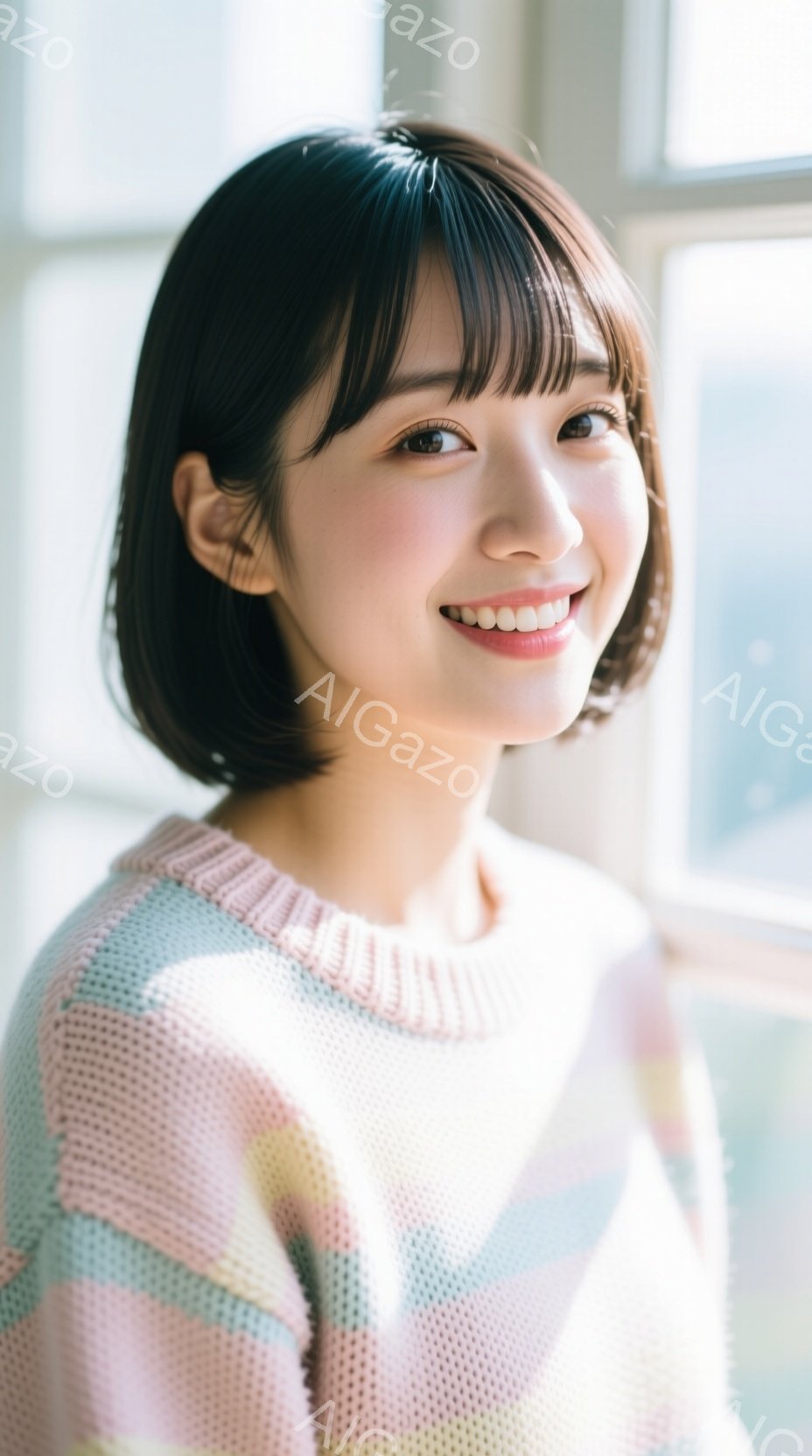 若い女性が正面を向いて微笑んでいます。彼女はブロック状のパステルカラーのセーターを着ており、前髪のあるショートヘアです。背景には窓とぼやけた都市の風景が見え、明るく穏やかな雰囲気を醸し出しています。 - AI生成フリー素材