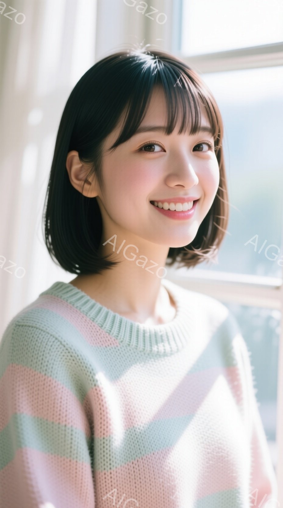 明るい表情の若い女性が写っています。彼女は、ピンクと水色のストライプのセーターを着ており、肩までの長さの黒髪をしています。背景はぼやけていますが、窓からの自然光が差し込み、温かく柔らかな雰囲気を醸し出 - AI生成フリー素材