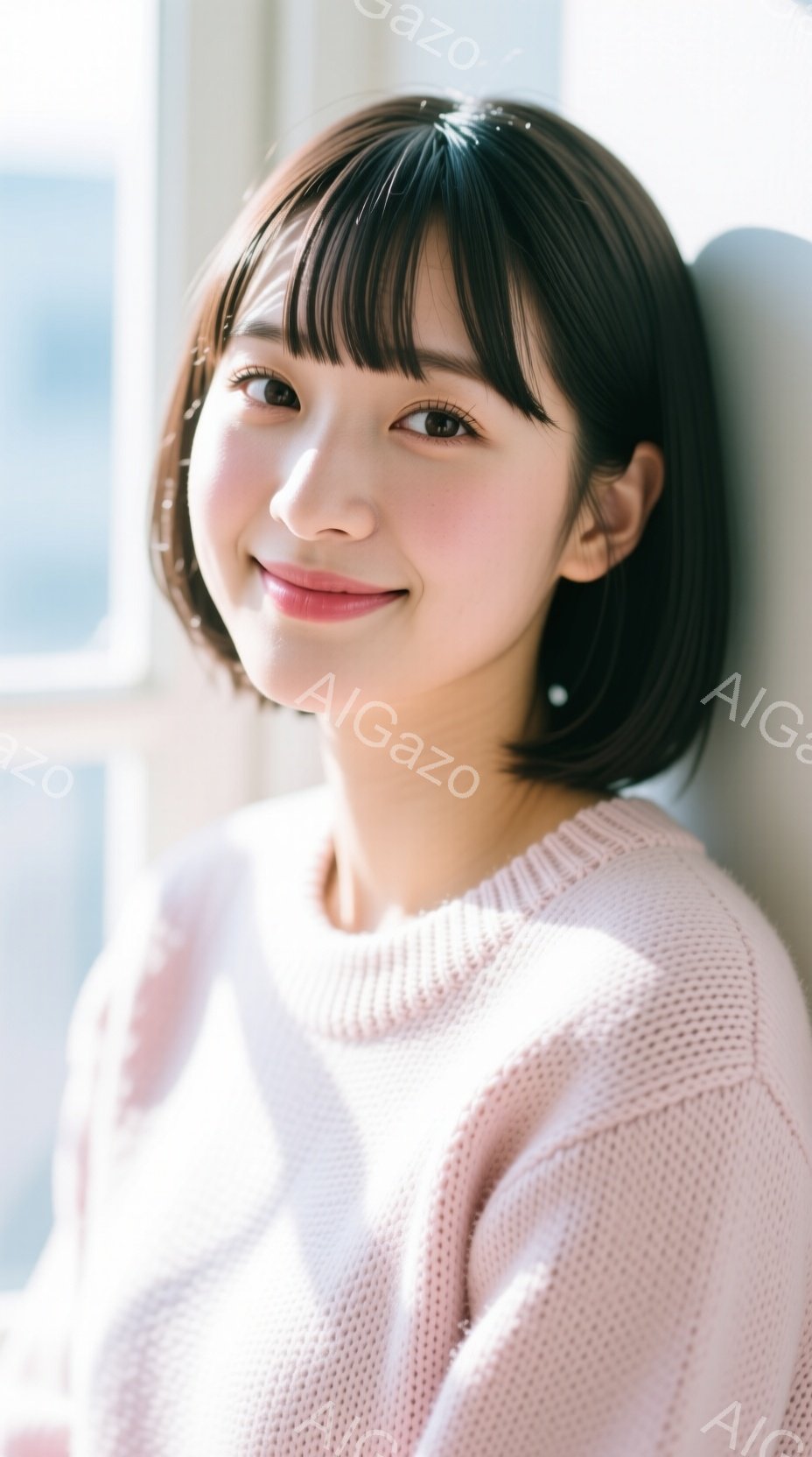 明るいピンク色のセーターを着た若い女性が写っています。彼女は前髪を下ろした短い黒髪で、穏やかな笑顔を浮かべています。背景にはぼやけた窓と、光が差し込む明るい室内が確認でき、全体的に温かく優しい雰囲気を - AI生成フリー素材