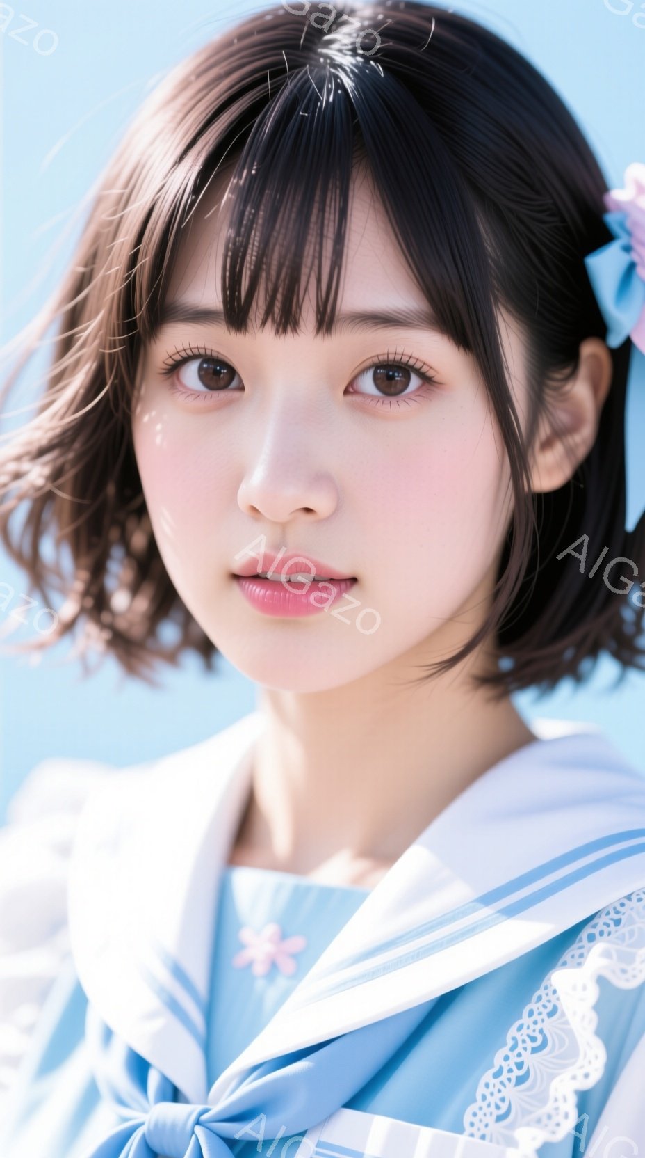 紺色のリボンと肩章が特徴的な水色のセーラー服を着た若い女性が写っています。彼女はダークブラウンの短い髪型で、少し微笑んだ表情を浮かべており、大きな瞳が印象的です。背景は空が青く、柔らかな光が彼女を照らしており、全体的に爽やかで可愛らしい雰囲気です。