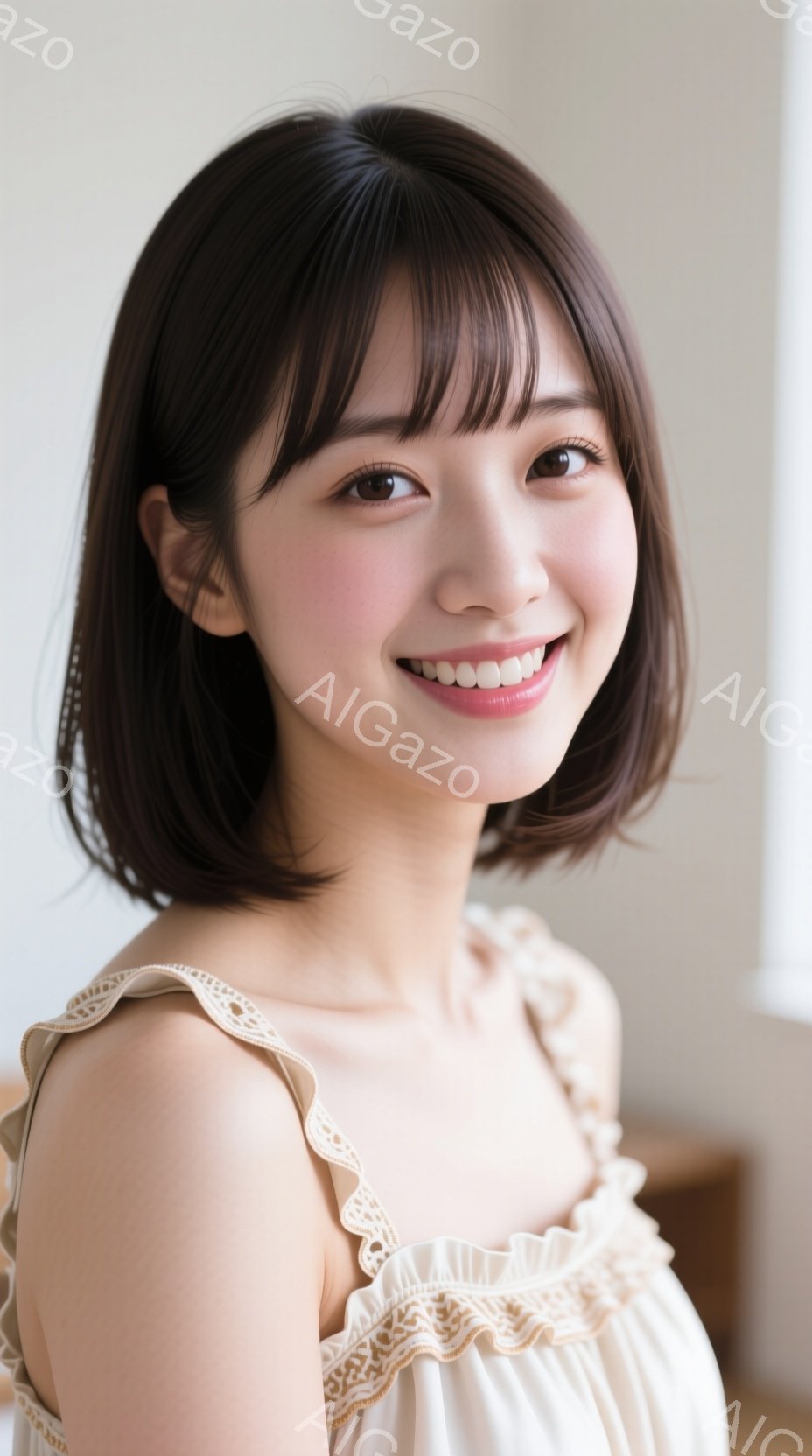 ショートヘアの女性が、オフホワイトのフリルが可愛らしいトップスを着て笑顔を向けている。彼女はわずかに体を傾け、優しい表情でカメラを見つめている。背景はぼかされており、明るく穏やかな雰囲気を醸し出してい - AI生成フリー素材