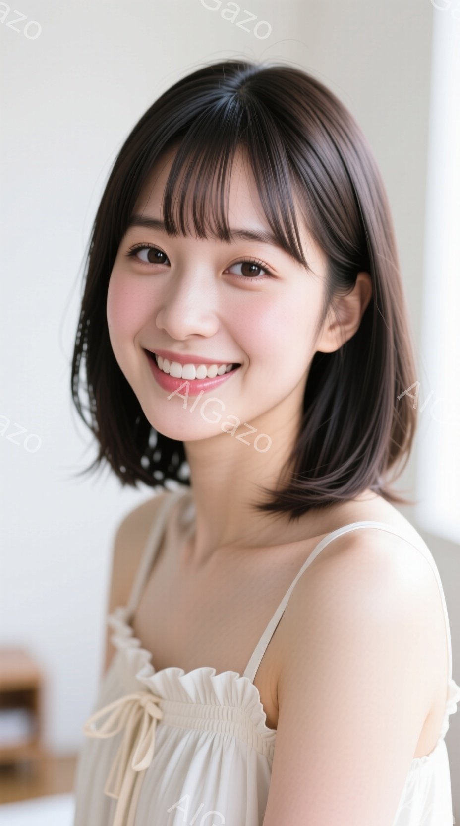 この女性は、肩出しの白いワンピースを着ており、前髪が眉毛にかかるショートヘアです。彼女は微笑んでおり、カメラの方を見ています。背景はぼやけていますが、室内である様子がわかります。 - AI生成フリー素材