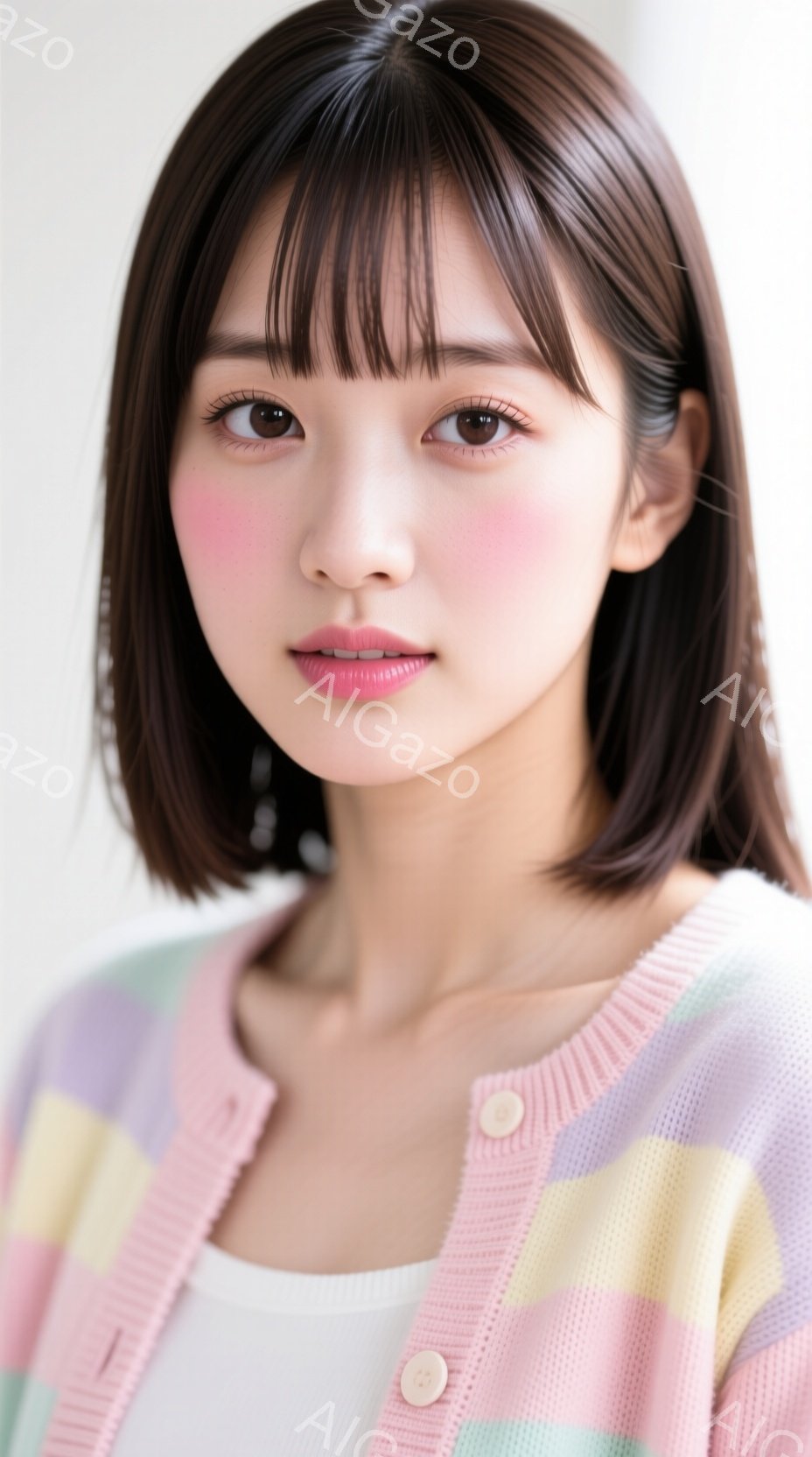 画像は、明るいピンク色のパステルカラーのカーディガンを着た若い女性のポートレートです。彼女は黒髪で、前髪が目にかかるショートヘアスタイルです。彼女の表情は穏やかで、少し微笑んでいるように見え、全体的に - AI生成フリー素材