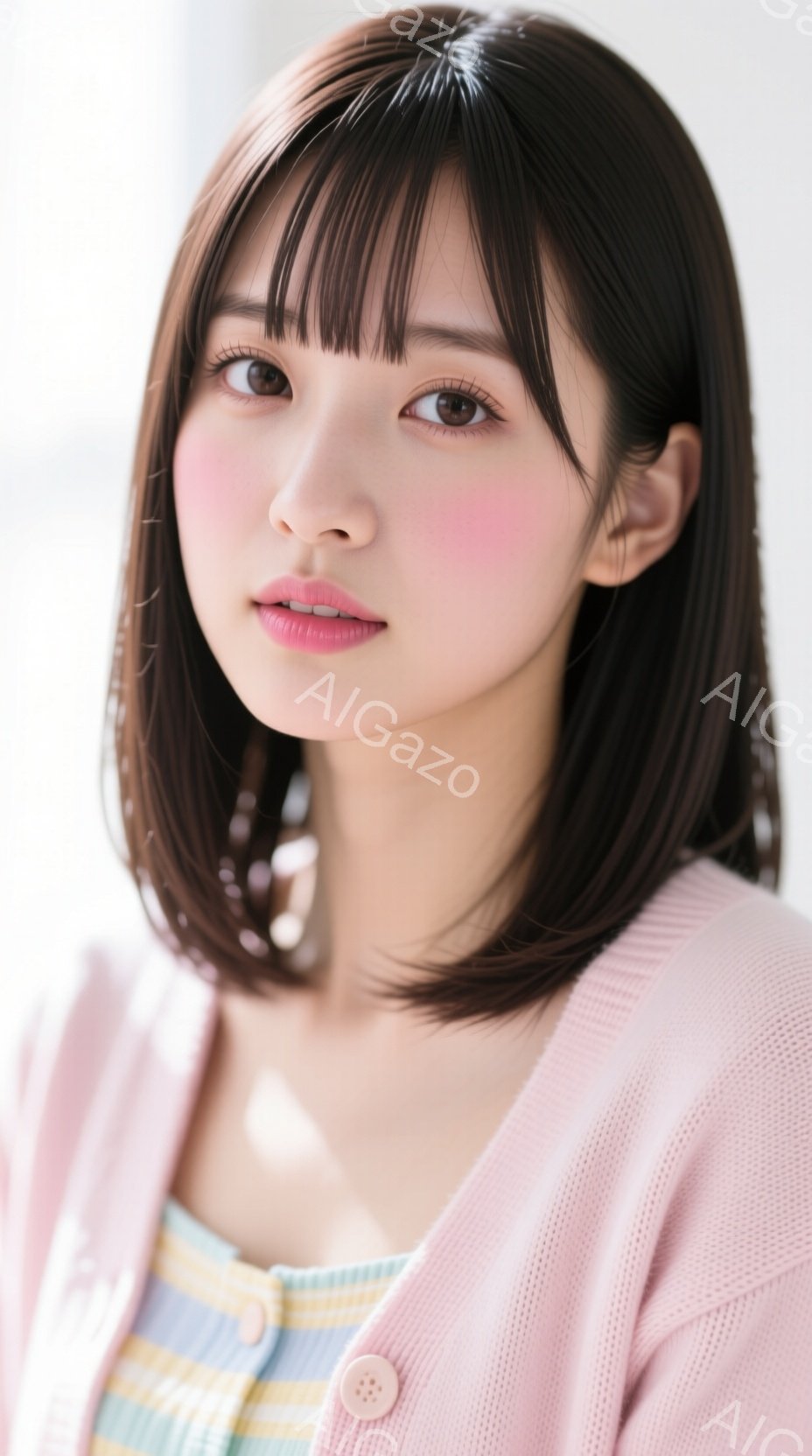 この女性は、薄いピンク色のカーディガンと、パステルカラーのストライプのトップスを着ています。黒髪のボブヘアで、前髪は眉毛にかかる程度にカットされています。彼女はわずかに微笑んでおり、穏やかで親しみやす - AI生成フリー素材