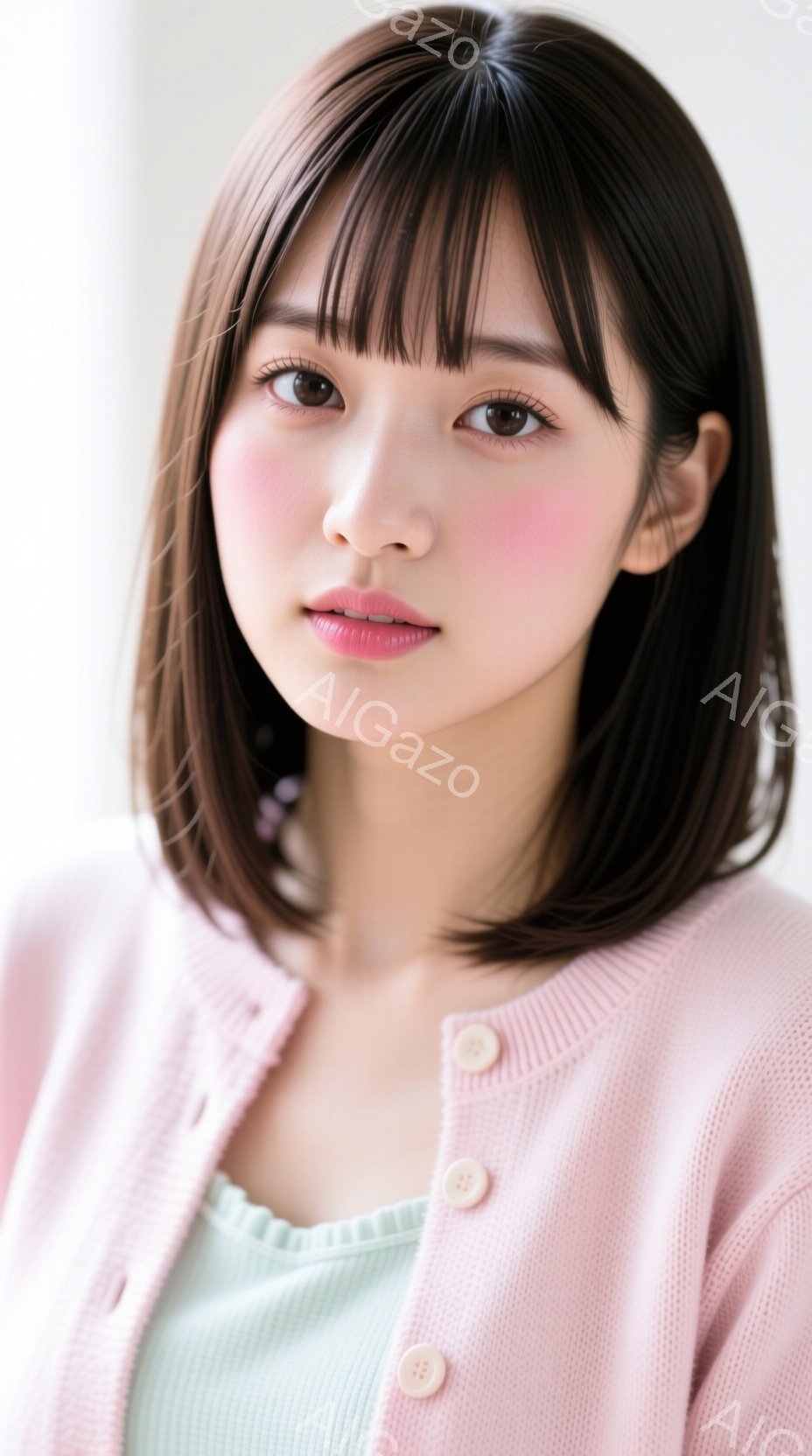 濃い茶色のボブヘアに前髪が特徴的な若い女性が写っています。薄いピンク色のカーディガンを羽織り、水色のタンクトップを着ています。彼女はわずかに微笑んでおり、全体的に柔らかく、親しみやすい雰囲気を醸し出し - AI生成フリー素材