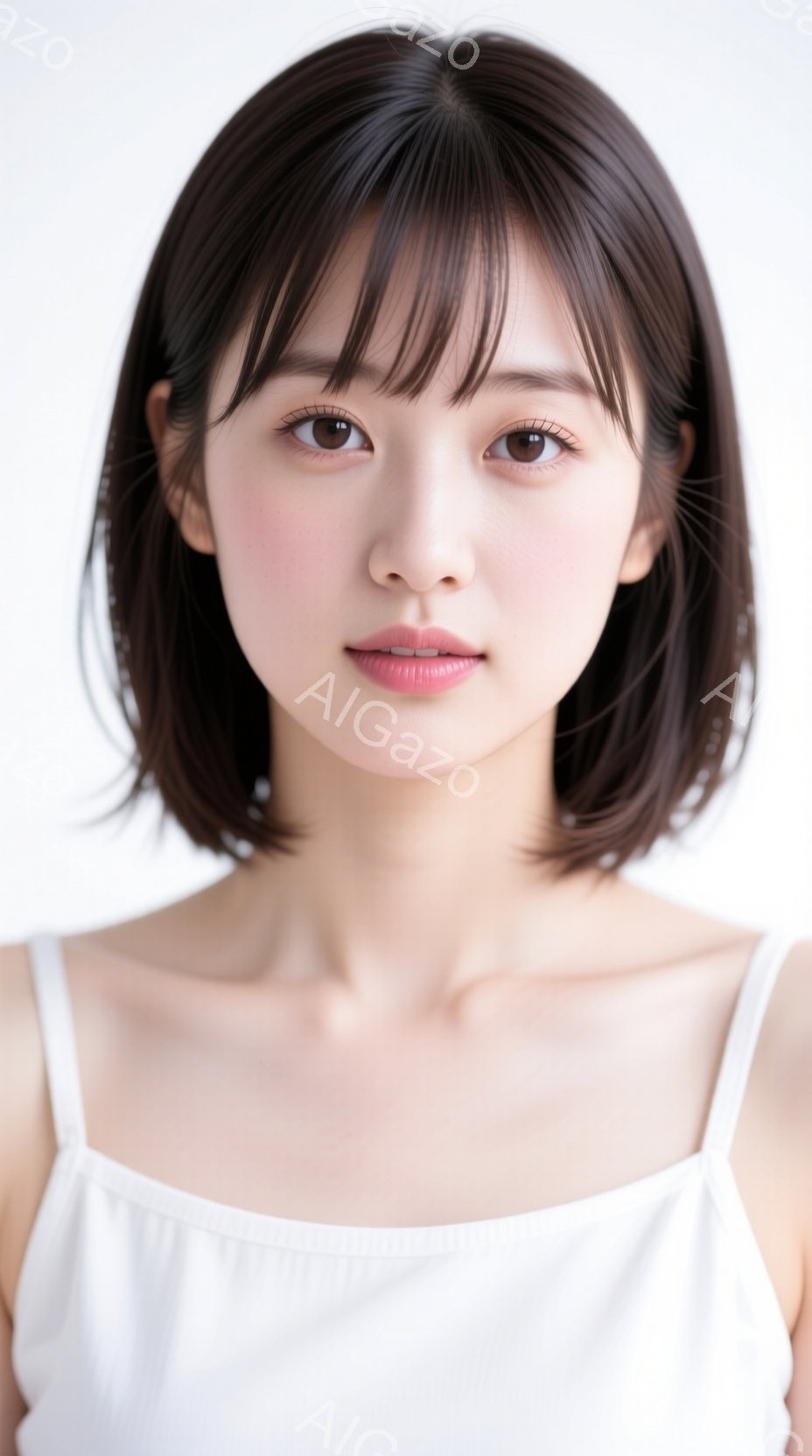 この女性は肩出しの白いトップスを着ており、前髪が目にかかる程度のショートヘアです。彼女は正面を向き、わずかに微笑んでおり、穏やかで親しみやすい表情をしています。背景は白く、人物が際立っており、全体的に - AI生成フリー素材
