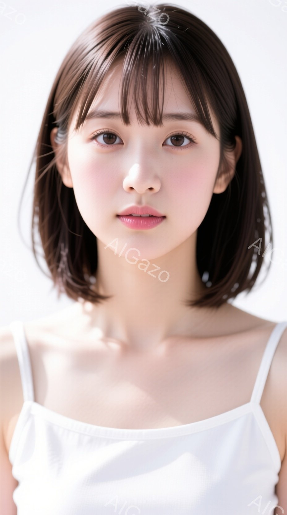 画像は、肩出しの白いキャミソールを着た若い女性のポートレートです。彼女はダークブラウンのショートヘアで、前髪が眉毛にかかっています。表情は穏やかで、落ち着いた雰囲気です。 - AI生成フリー素材