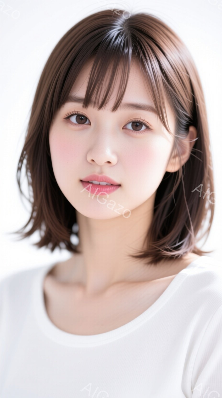 明るい茶色の短い髪で、前髪が目に少しかかるようにカットされた若い女性が写っている。彼女は白いシンプルなトップスを着ており、わずかに微笑んでおり、穏やかで親しみやすい表情をしている。背景は白く、人物に焦 - AI生成フリー素材