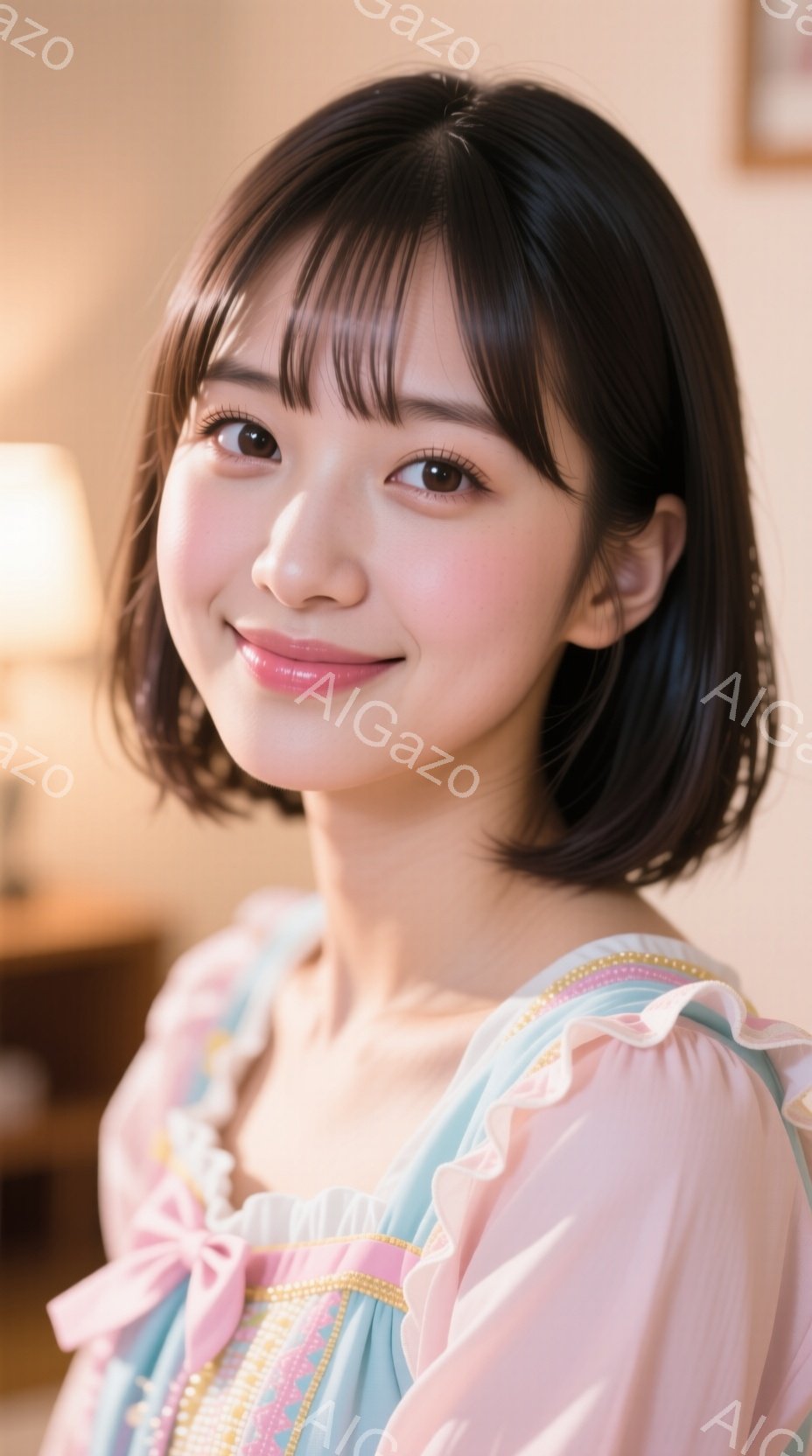 画像は、肩までの長さのダークブラウンのヘアスタイルをした若い女性が写っています。彼女は淡いピンクと水色のストラップ付きのフリルドレスを着ており、顔には微笑みが浮かんでいます。背景はぼやけていますが、温 - AI生成フリー素材