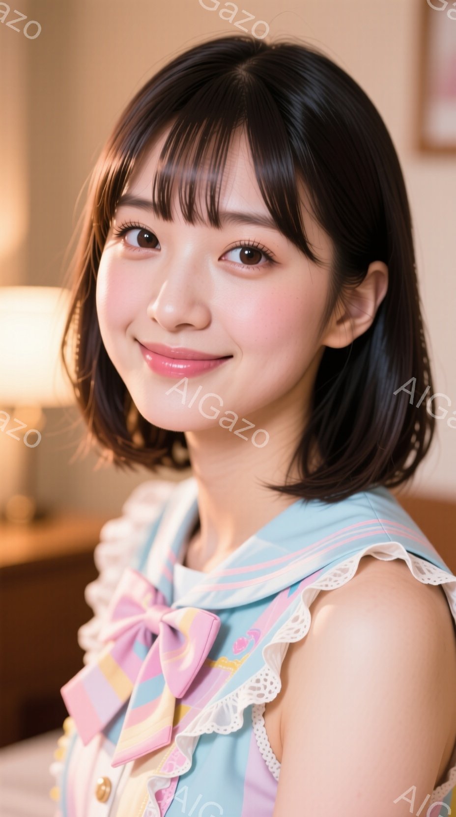 この女性は、明るいブルーとピンクのストライプが入ったフリル付きのワンピースを着ています。黒髪のボブスタイルで、顔には微笑みが浮かび、優しい印象を与えています。背景はぼやけていますが、室内で暖色系の照明 - AI生成フリー素材