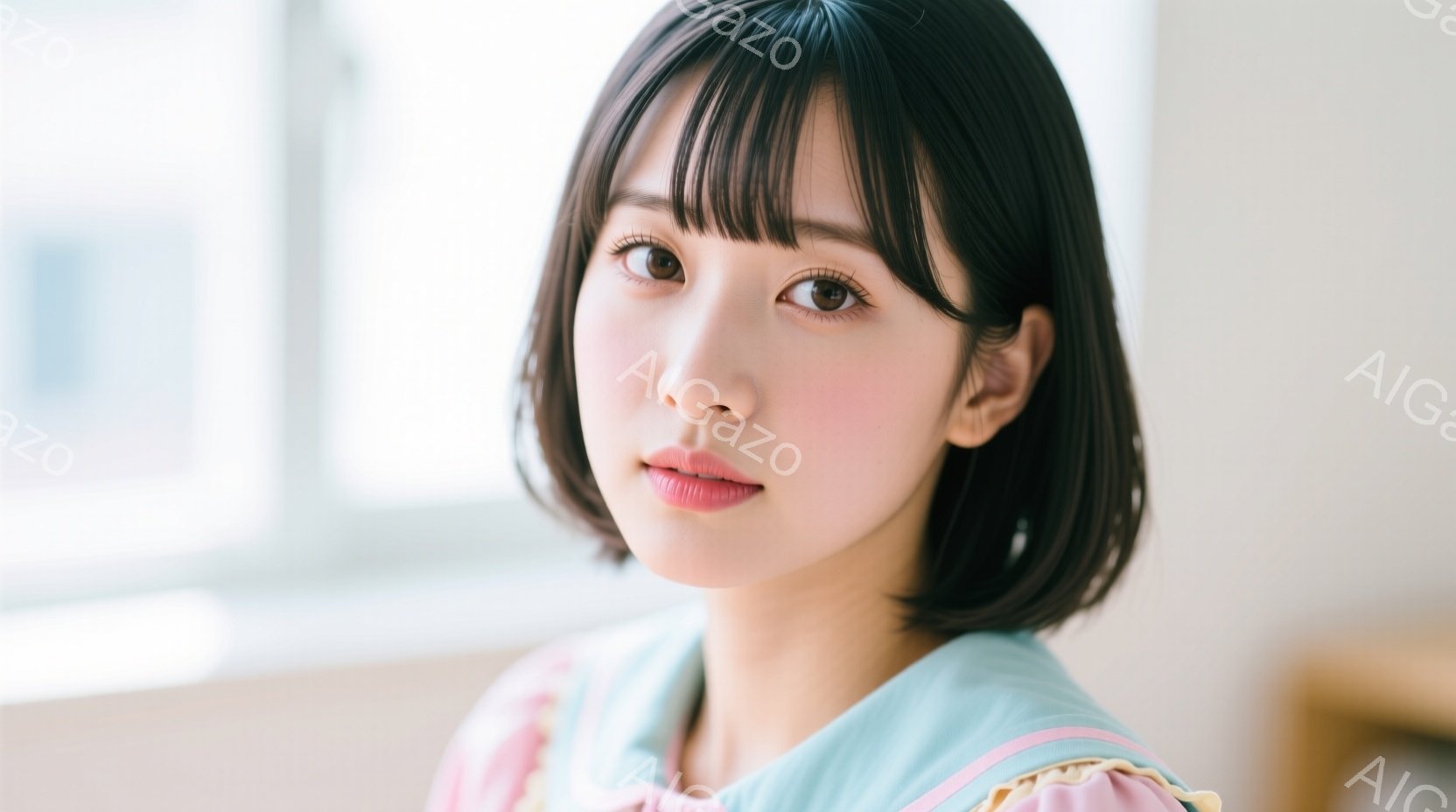 画像は、黒髪のボブヘアで、前髪が目の上にかかる若い女性のポートレートです。彼女は、水色のフリル襟のブラウスを着ており、わずかに微笑んでカメラを見ています。背景はぼやけており、窓と壁の一部が見えますが、 - AI生成フリー素材