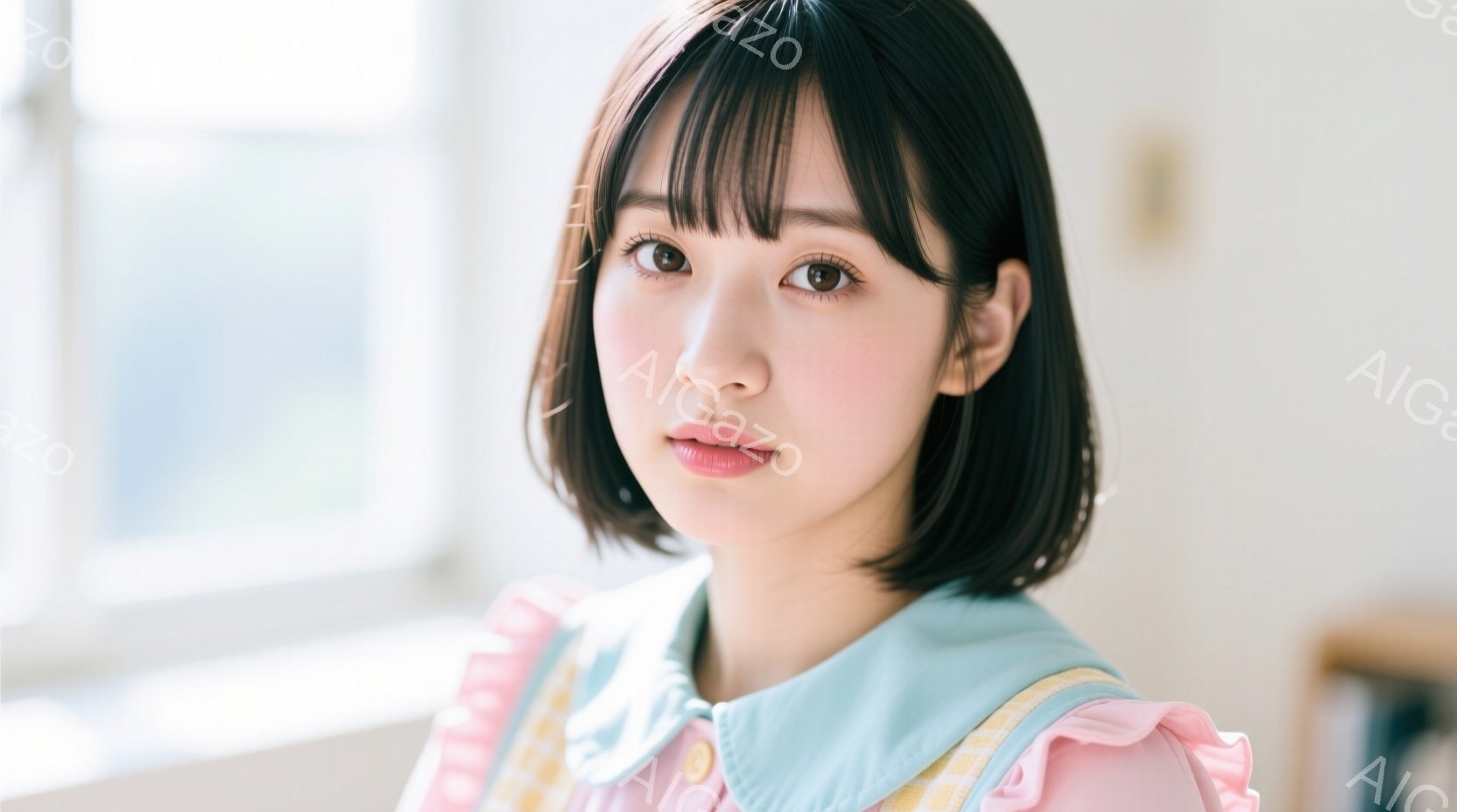 黒髪のショートボブヘアで、前髪は眉毛にかかるように切り揃えられています。ピンク色のブラウスに水色の大きな襟が付いており、可愛らしい印象を与えます。彼女はカメラに向かって穏やかな微笑みを浮かべており、全 - AI生成フリー素材