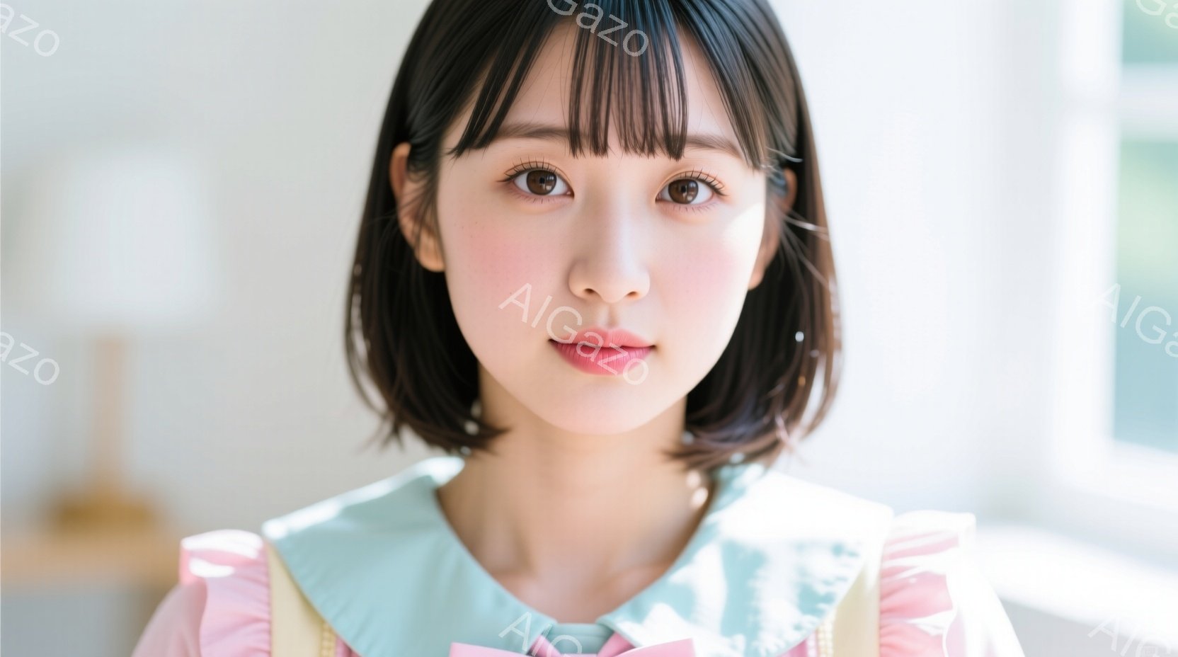 黒髪のボブヘアにぱっつん前髪の若い女性が写っています。淡い緑色のフリル襟のブラウスを着ており、頬はほんのり赤く、口元は微笑んでいます。背景は明るい室内で、ぼやけた光が差し込み、全体的に柔らかく優しい雰囲気を醸し出しています。