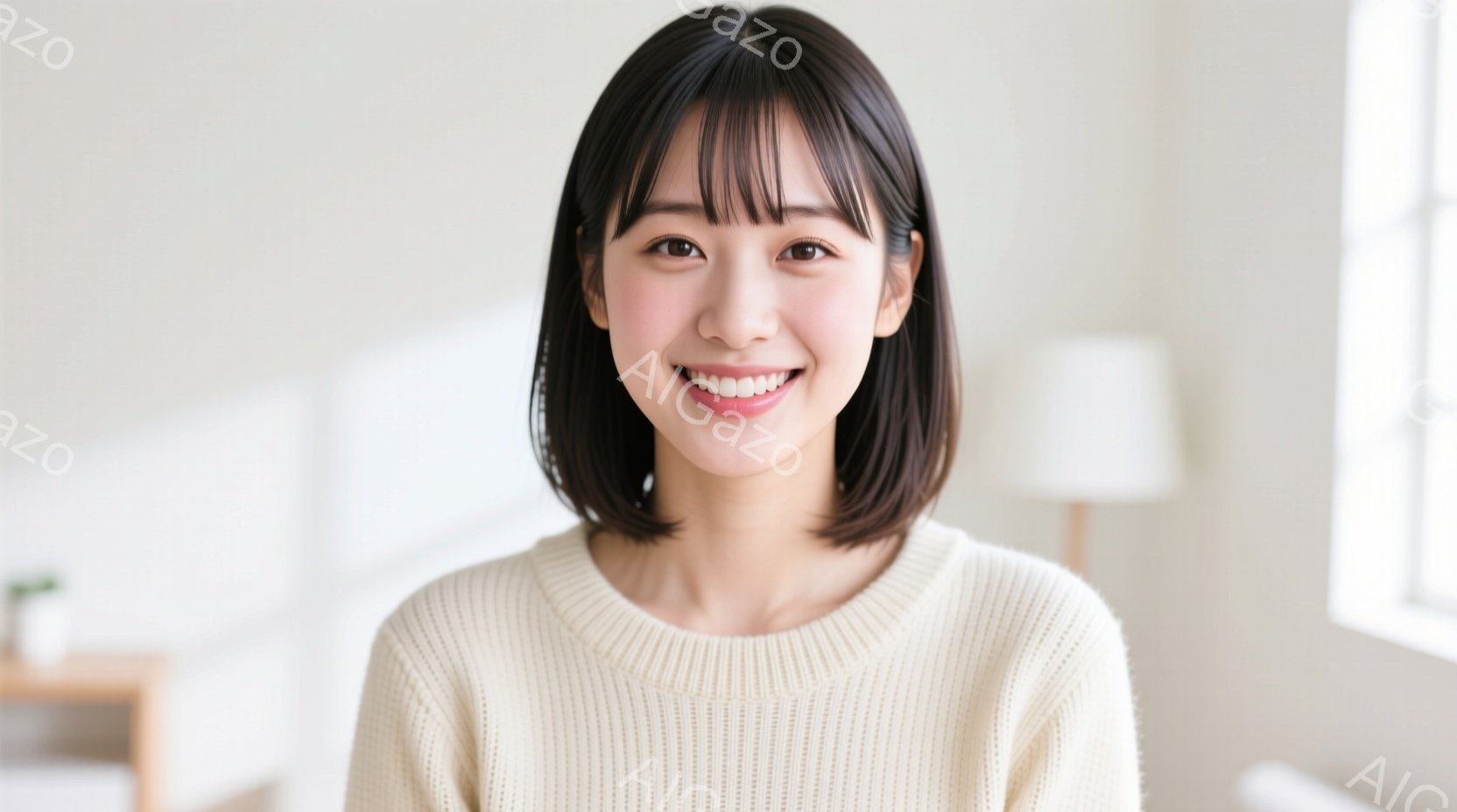 明るい表情の若い女性が写っています。彼女はベージュのニットセーターを着ており、前髪のあるショートヘアです。背景は明るいリビングルームで、自然光が差し込んでおり、リラックスした温かい雰囲気が漂っています - AI生成フリー素材