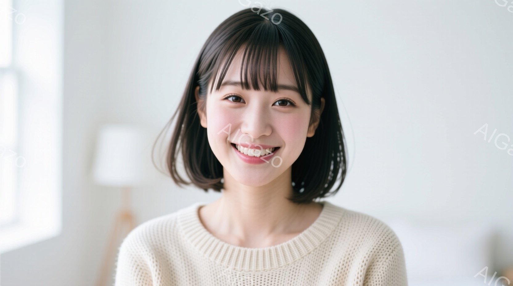 ショートヘアの女性が正面を見つめて微笑んでいます。ベージュ色のニットセーターを着ており、明るい室内で自然光が当たっています。背景はぼかれていますが、白い壁と間接照明が見え、全体的に温かく穏やかな雰囲気 - AI生成フリー素材